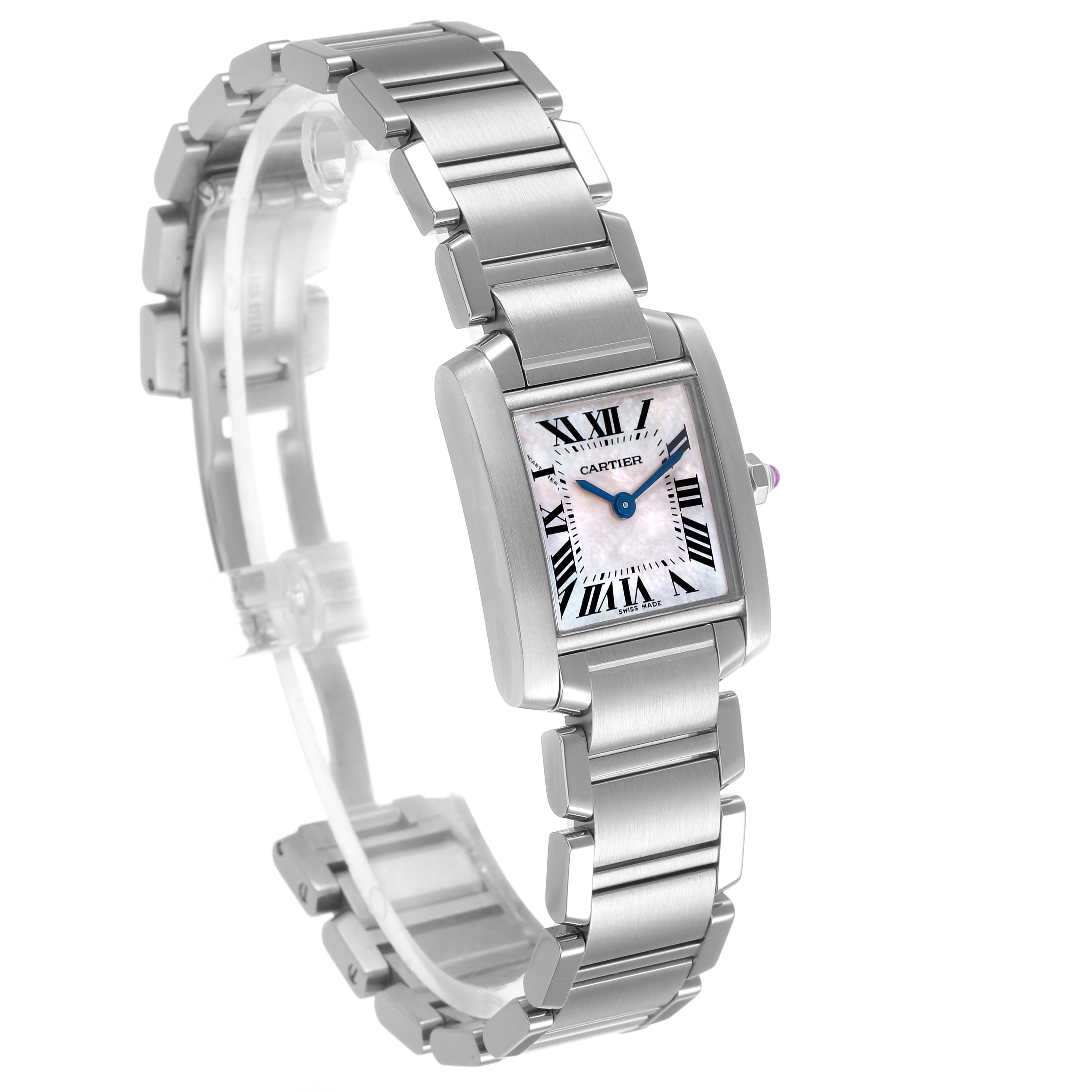 The Cartier Tank Française watch is shown at an angle highlighting the rectangular face and metal bracelet.