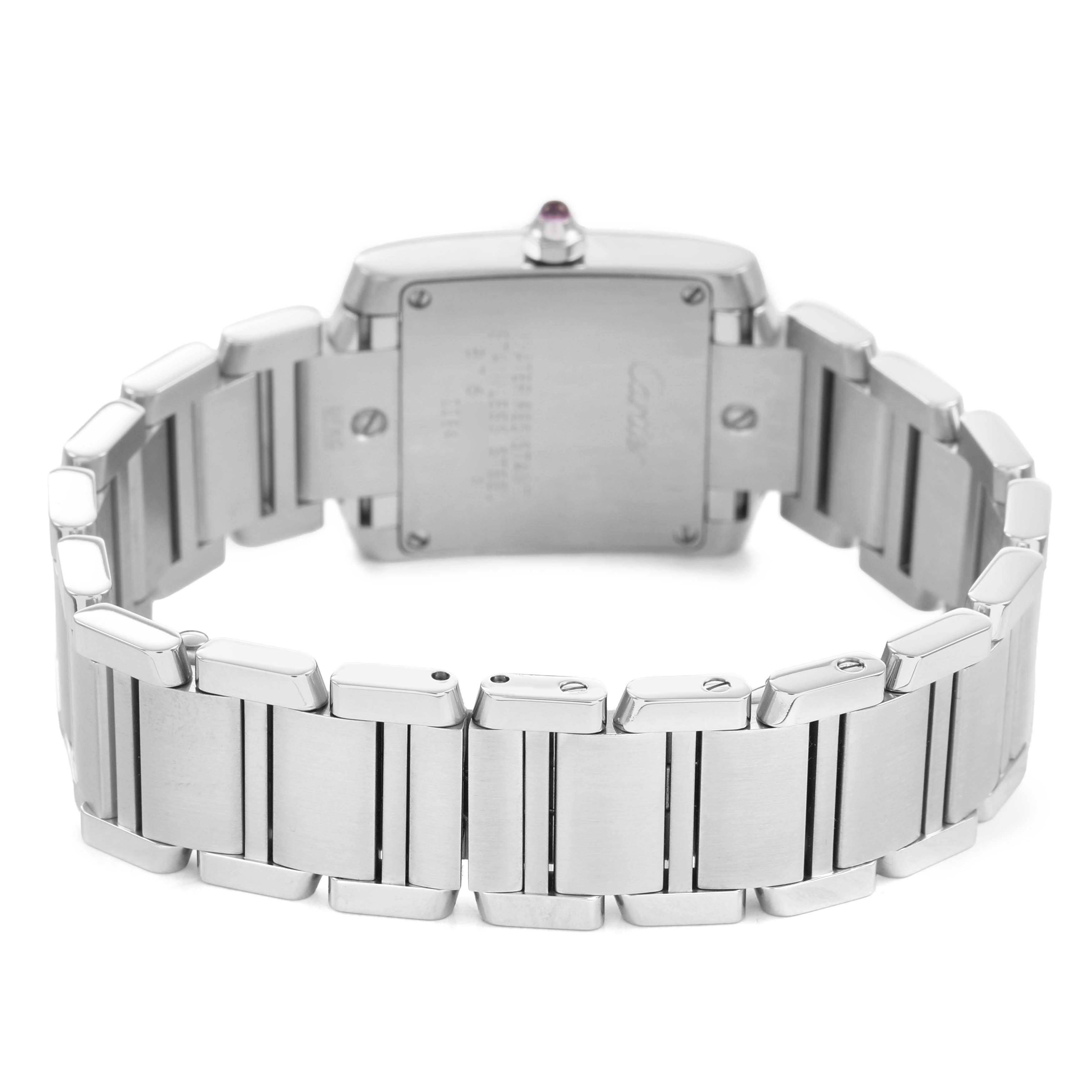 The Cartier Tank Francaise W51028Q3 Women's Stainless Steel Mother of Pearl Dial watch is shown from the rear, featuring the bracelet and back of the case.