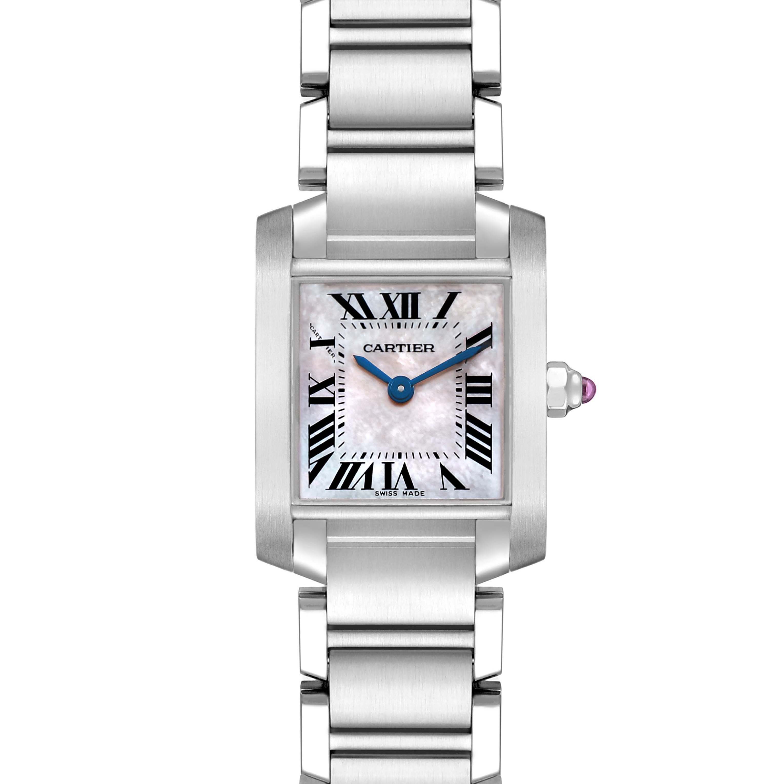 The Cartier Tank Française watch is shown from a front angle featuring the dial, case, and part of the bracelet.