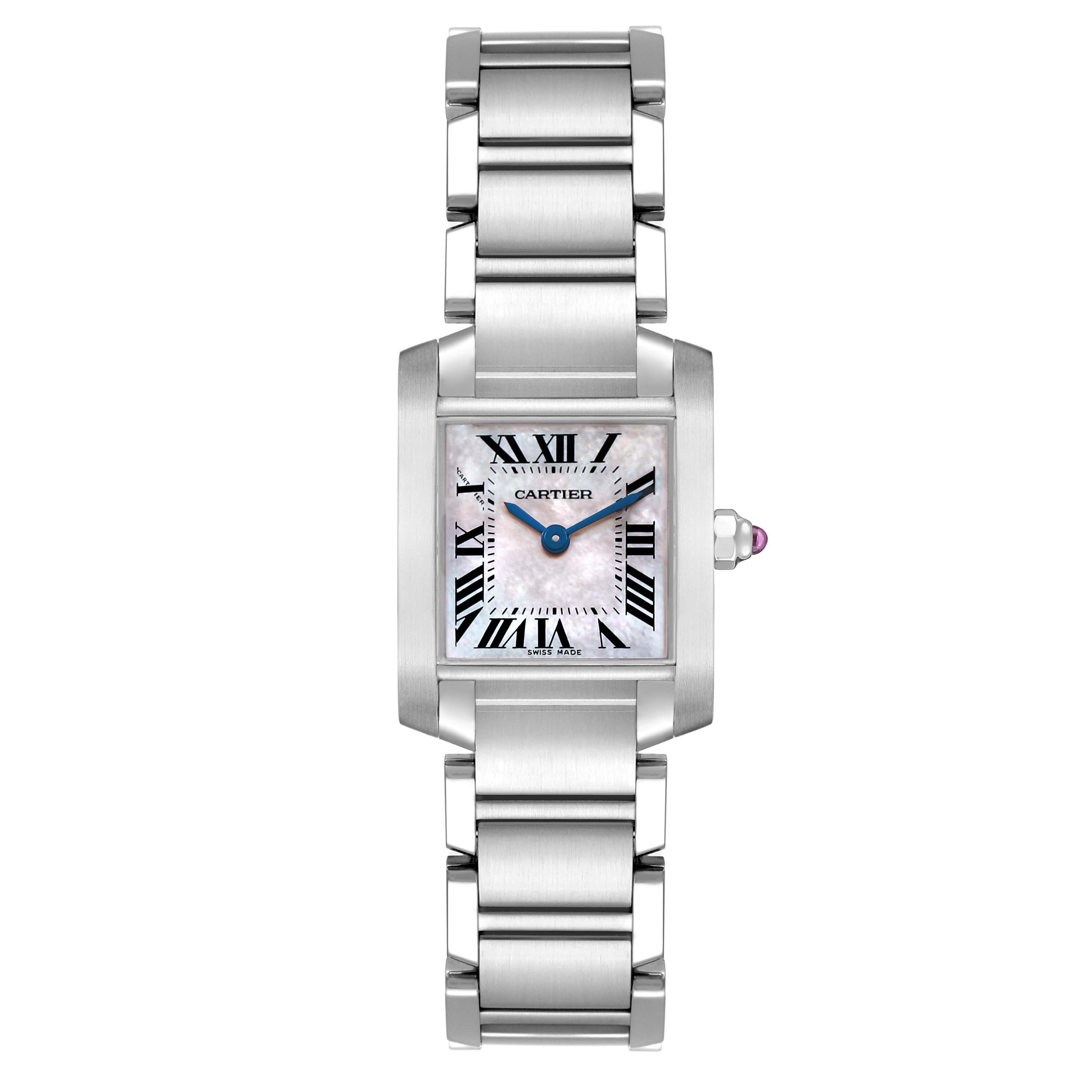 The Cartier Tank Francaise W51028Q3 Women's Stainless Steel Mother of Pearl Dial watch is shown from the front, displaying the face, bezel, and bracelet.
