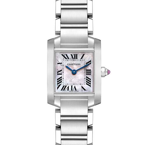 The Cartier Tank Française watch is shown from a front angle, highlighting its square face, Roman numerals, and stainless steel bracelet.