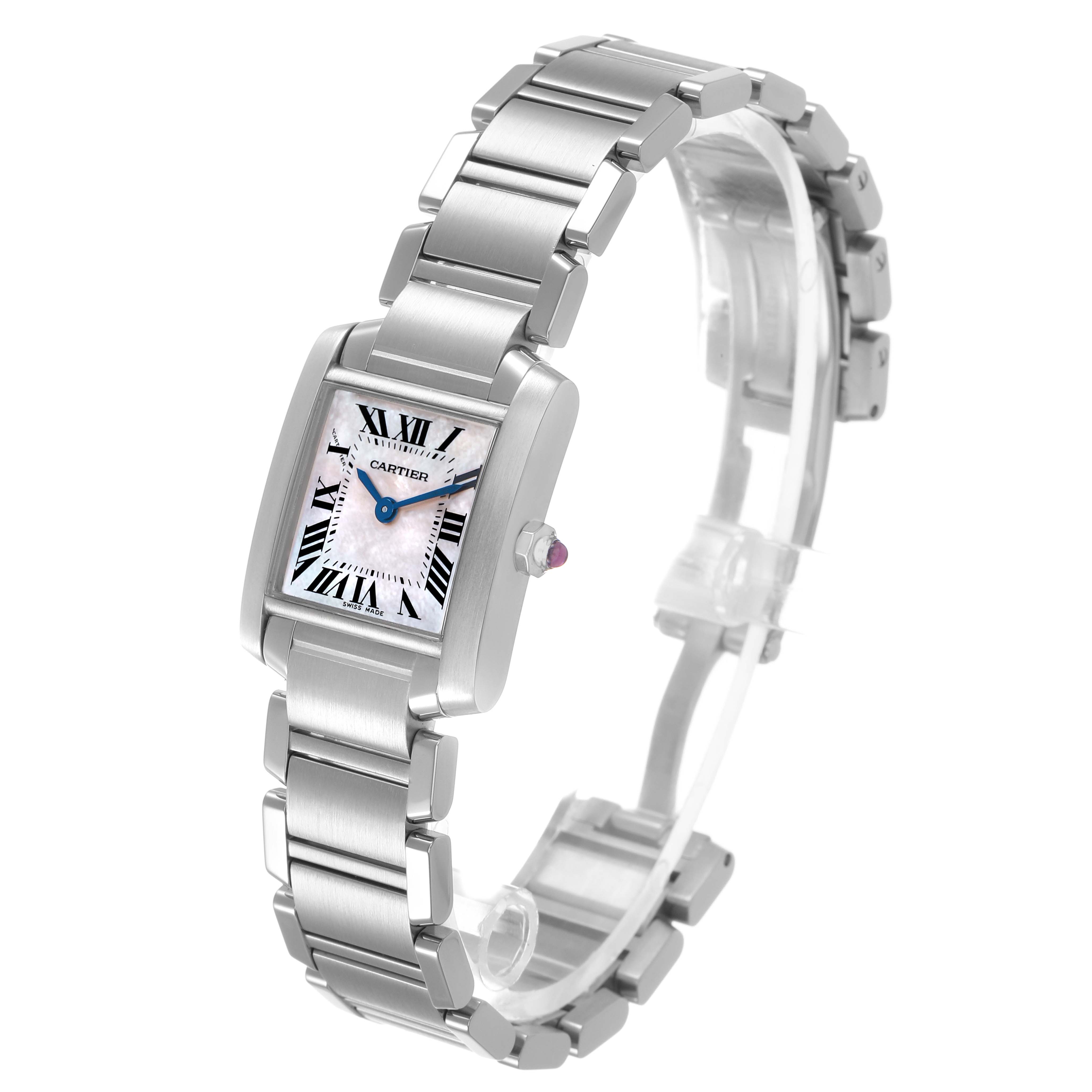 The Cartier Tank Francaise W51028Q3 Women's Stainless Steel Mother of Pearl Dial watch is shown at an angled side view, displaying the bracelet and rectangular face clearly.