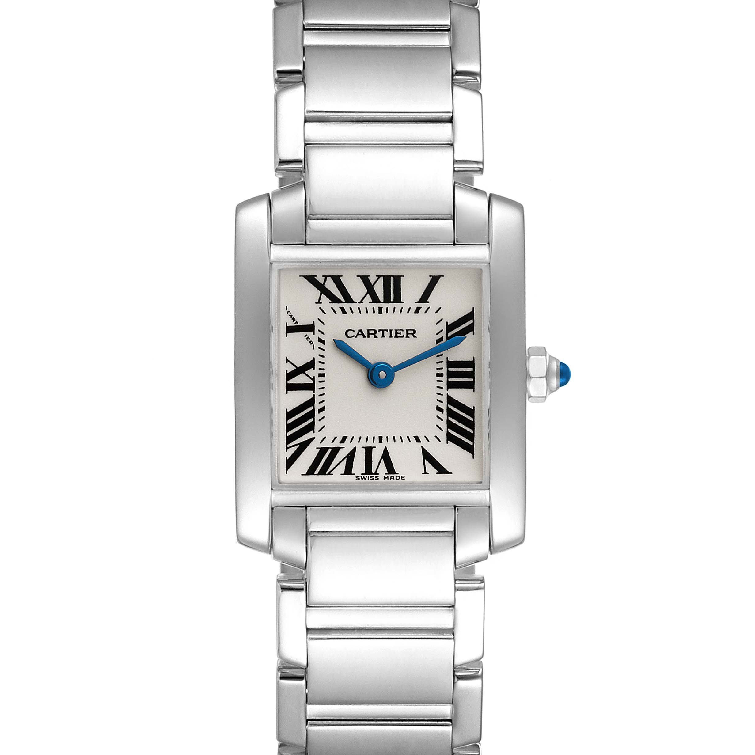 The image shows a front view of the Cartier Tank Francaise W50012S3 Women's White Gold Silver Dial W50012S3 Women's White Gold Silver Dial watch, highlighting its rectangular face, Roman numerals, and metal bracelet.