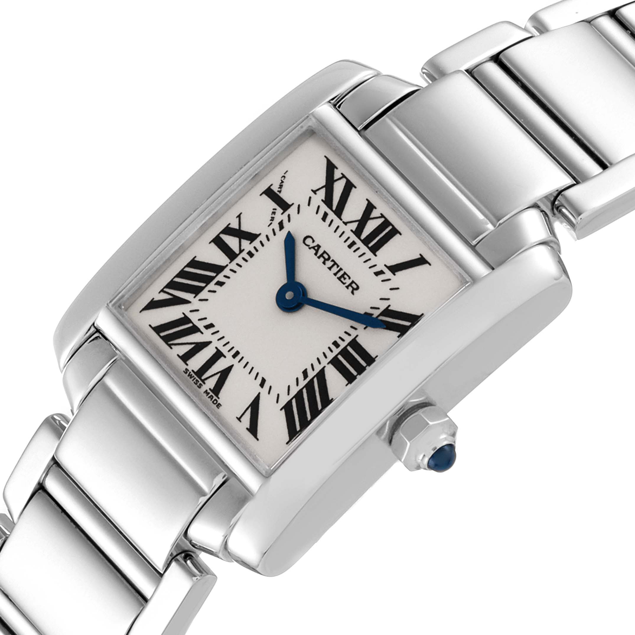 The image shows a Cartier Tank Francaise W50012S3 Women's White Gold Silver Dial W50012S3 Women's White Gold Silver Dial watch at an angle displaying its face, blue hands, and part of the metal bracelet.