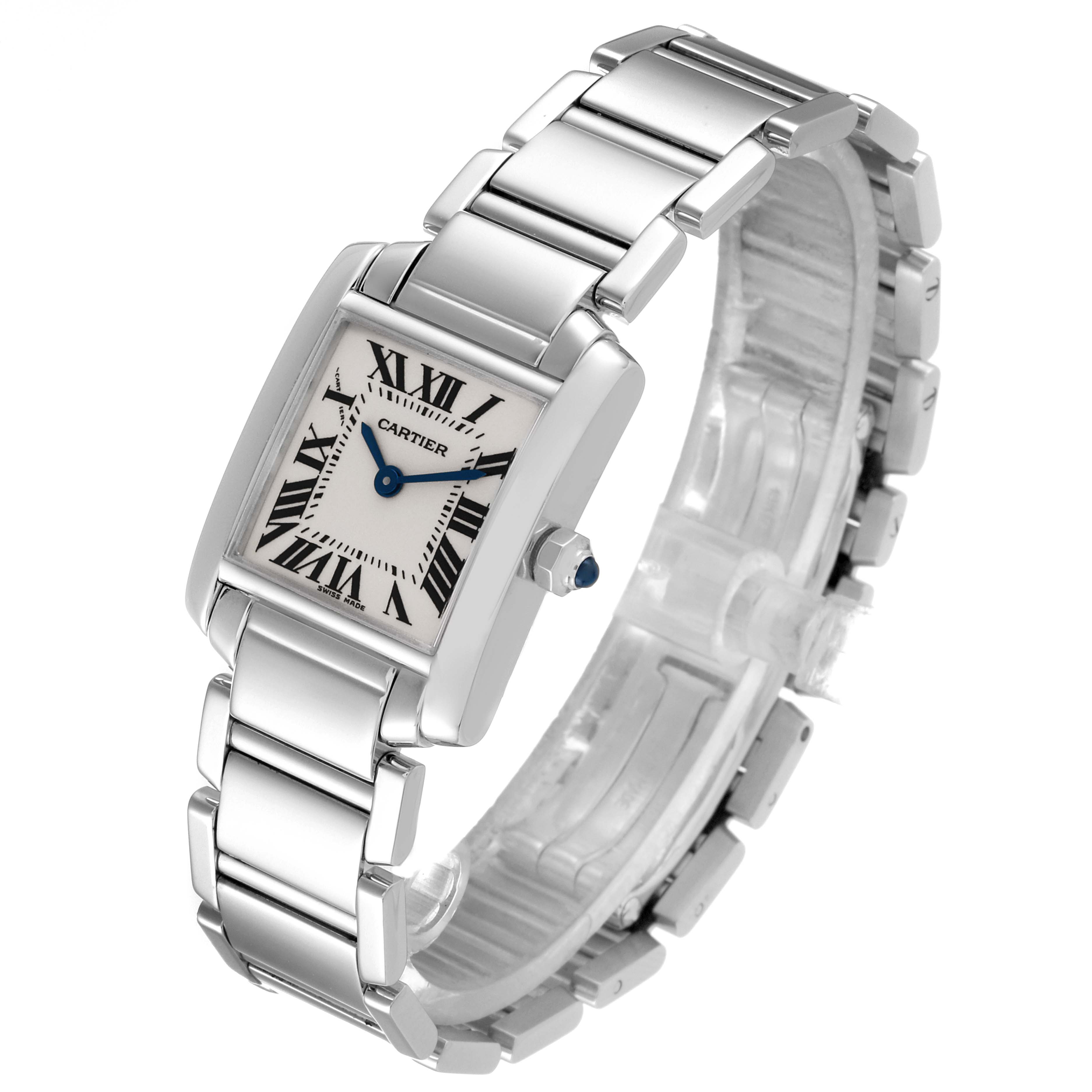 The image shows a Cartier Tank Francaise W50012S3 Women's White Gold Silver Dial W50012S3 Women's White Gold Silver Dial watch at an angled view, highlighting its silver band and rectangular face.