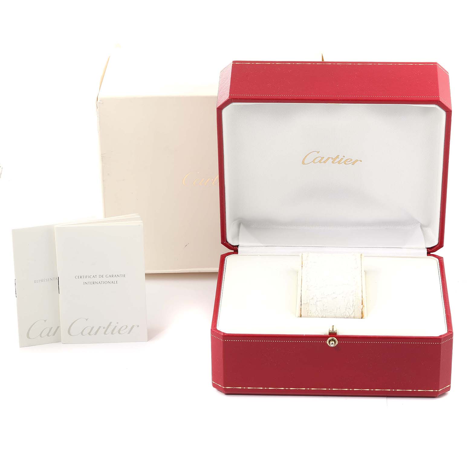 The image shows the open packaging and guarantee booklet of the Cartier Tank Francaise W50012S3 Women's White Gold Silver Dial W50012S3 Women's White Gold Silver Dial watch.