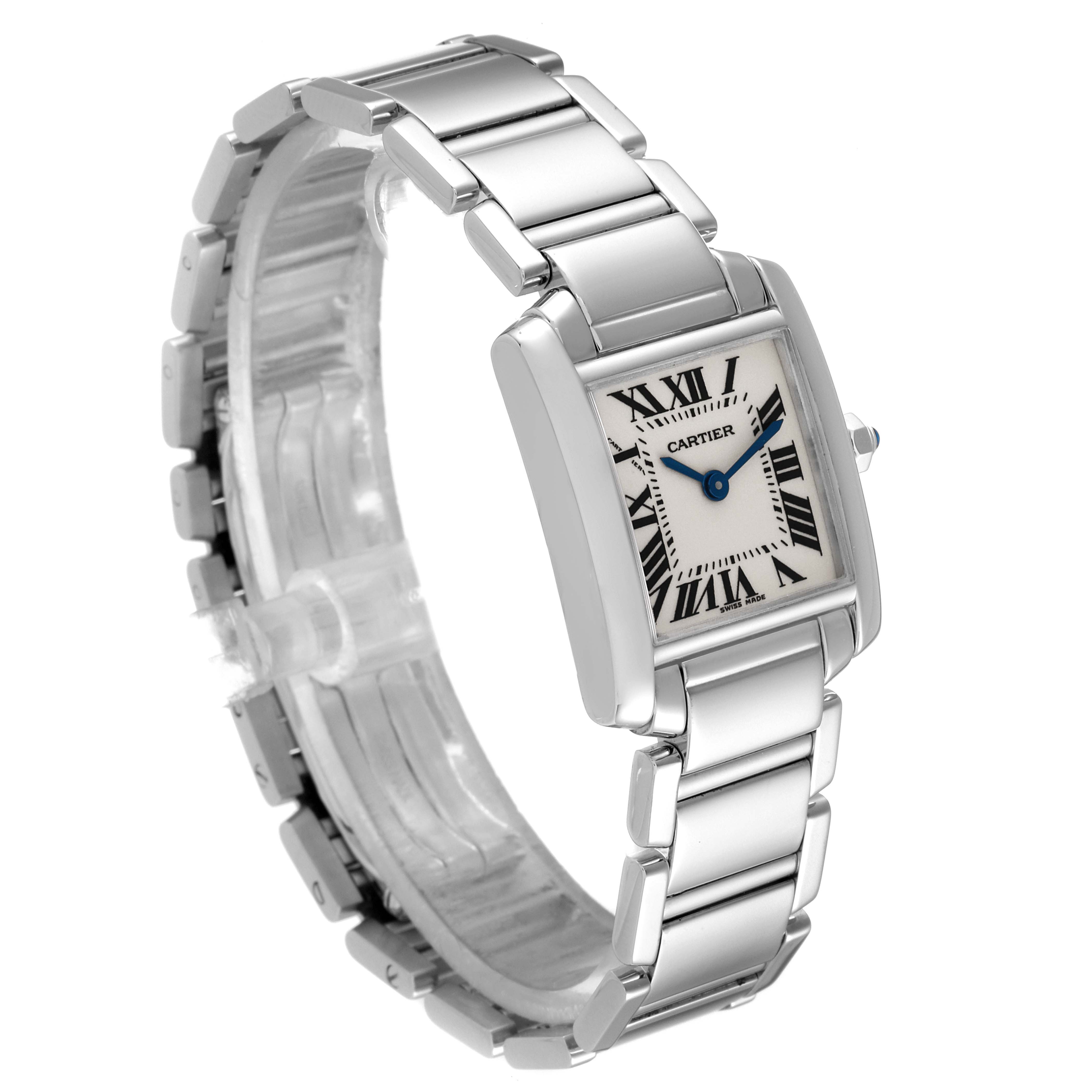 The Cartier Tank Francaise W50012S3 Women's White Gold Silver Dial W50012S3 Women's White Gold Silver Dial watch is shown at an angle displaying the face, bracelet, and crown.