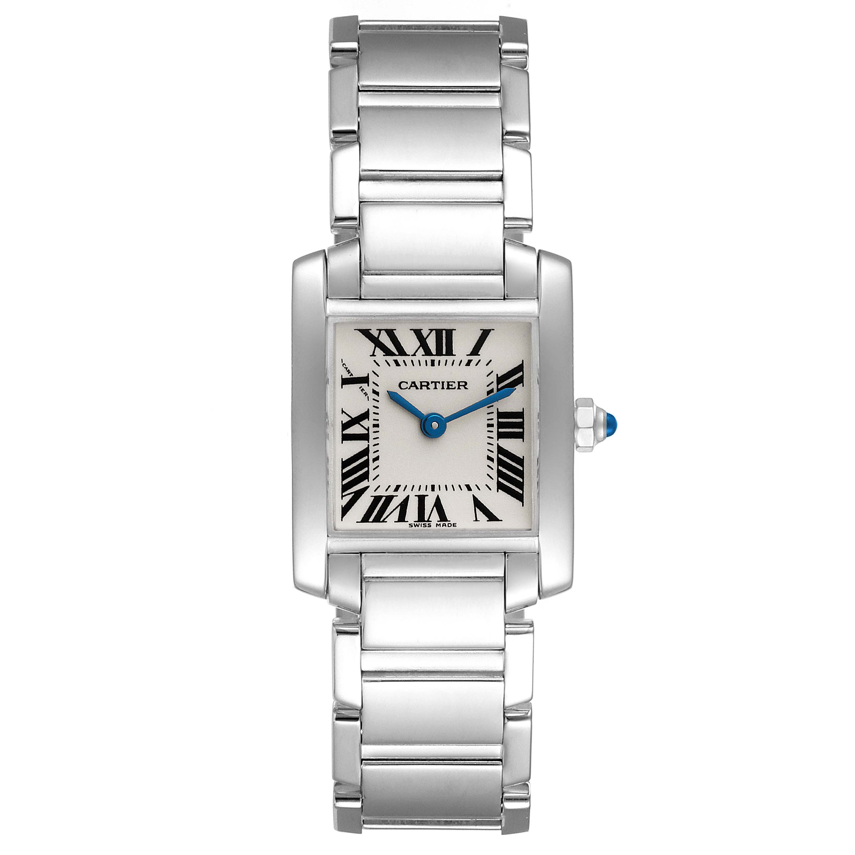 This image shows a Cartier Tank Française watch from a top-down angle, highlighting the face, bezel, and bracelet.