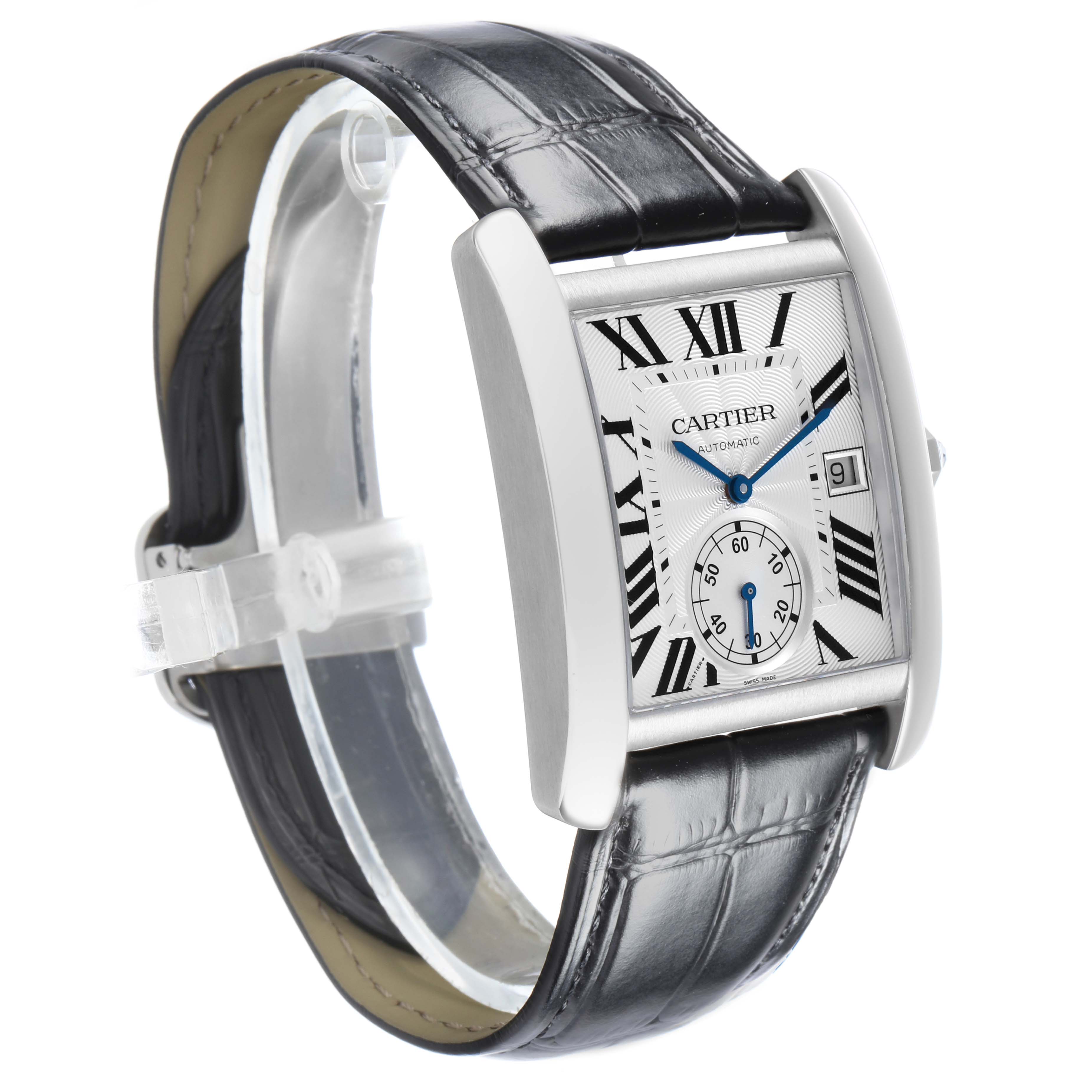 The Cartier Tank MC W5330003 Men's Stainless Steel Silver Dial watch is angled to show its rectangular face, Roman numerals, subdial, date window, and leather strap.