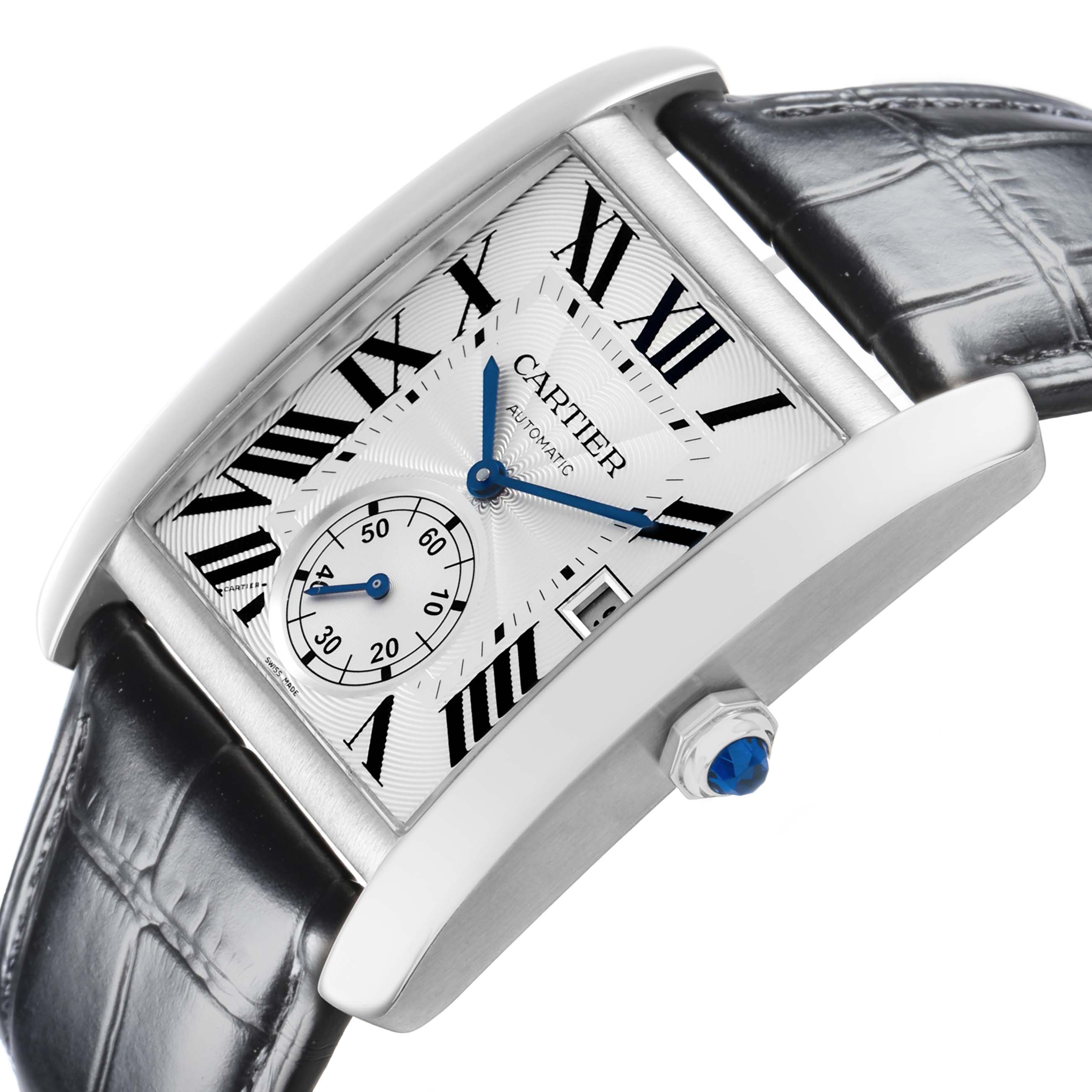 The Cartier Tank MC W5330003 Men's Stainless Steel Silver Dial watch is shown at an angled side view, displaying the face, crown, and leather strap details.
