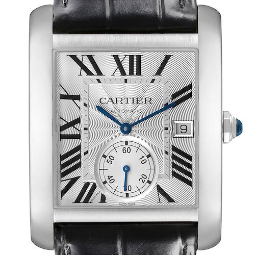 The Cartier Tank MC W5330003 Men's Stainless Steel Silver Dial watch is shown from a front angle, displaying the face, Roman numerals, date window, and subdial.
