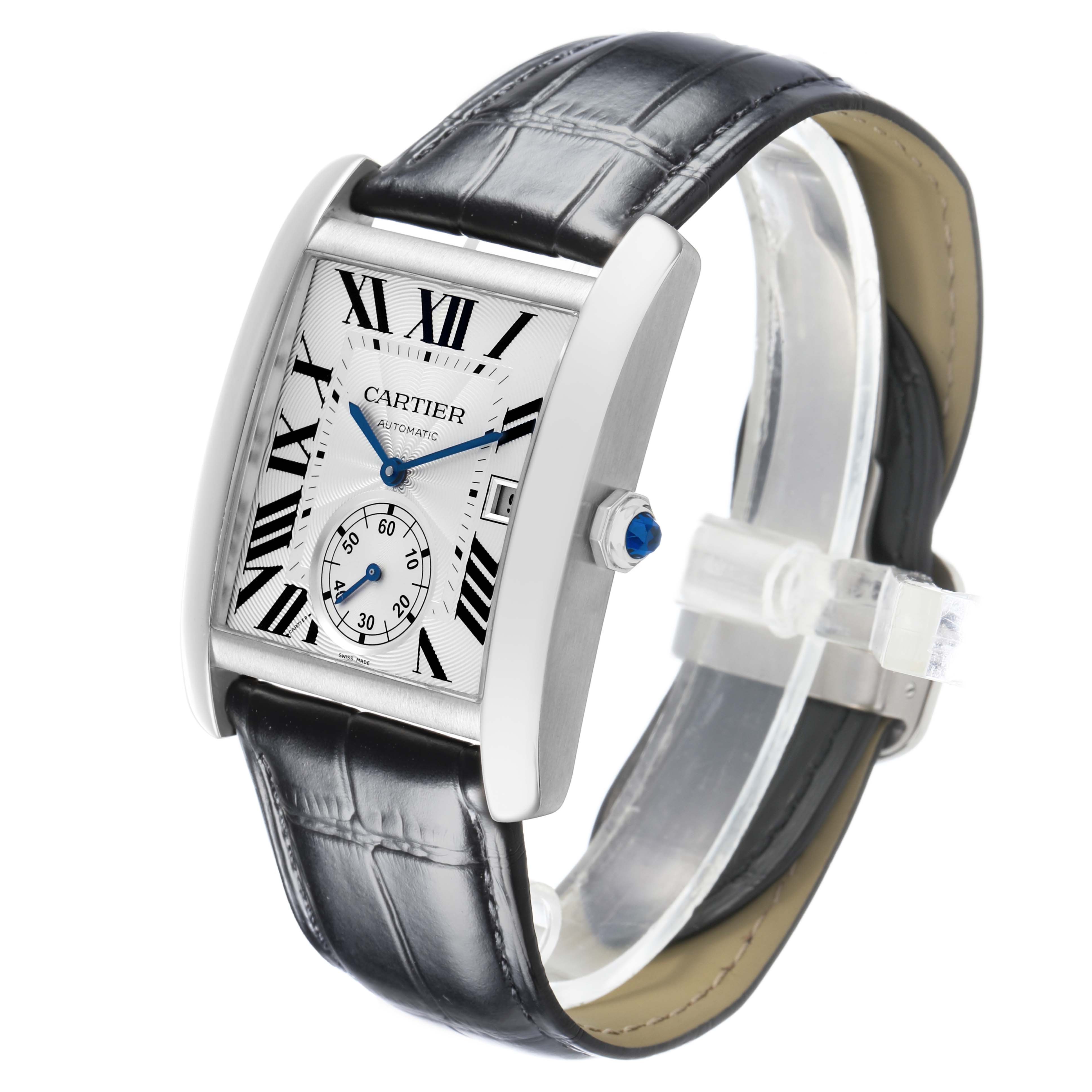 The Cartier Tank MC W5330003 Men's Stainless Steel Silver Dial watch is shown at a three-quarter angle, highlighting the face, crown, and leather strap.