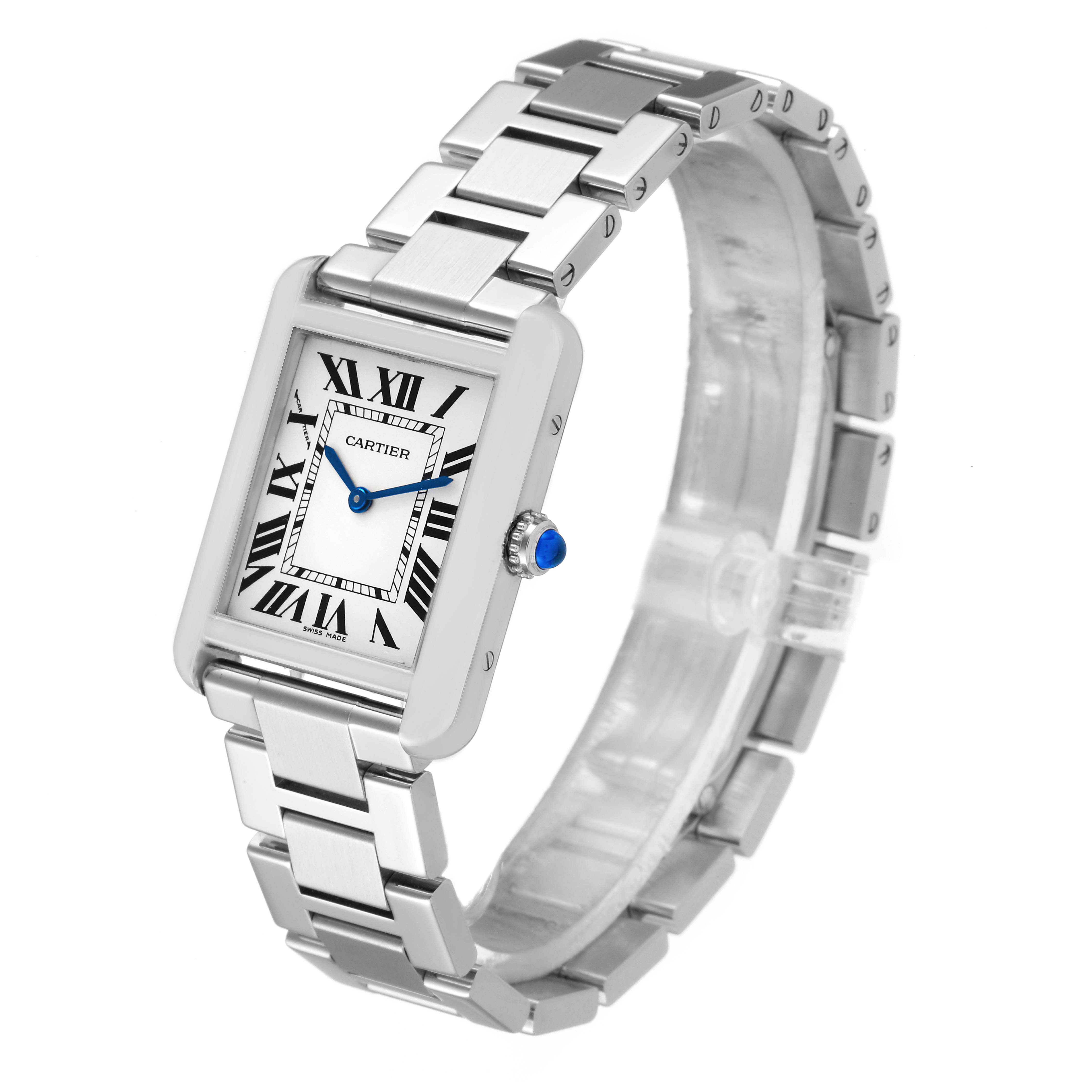 The image shows a frontal and slight side view of the Cartier Tank Solo W5200013 Women's Stainless Steel Silver Dial W5200013 Women's Stainless Steel Silver Dial watch, highlighting the bracelet and rectangular dial.