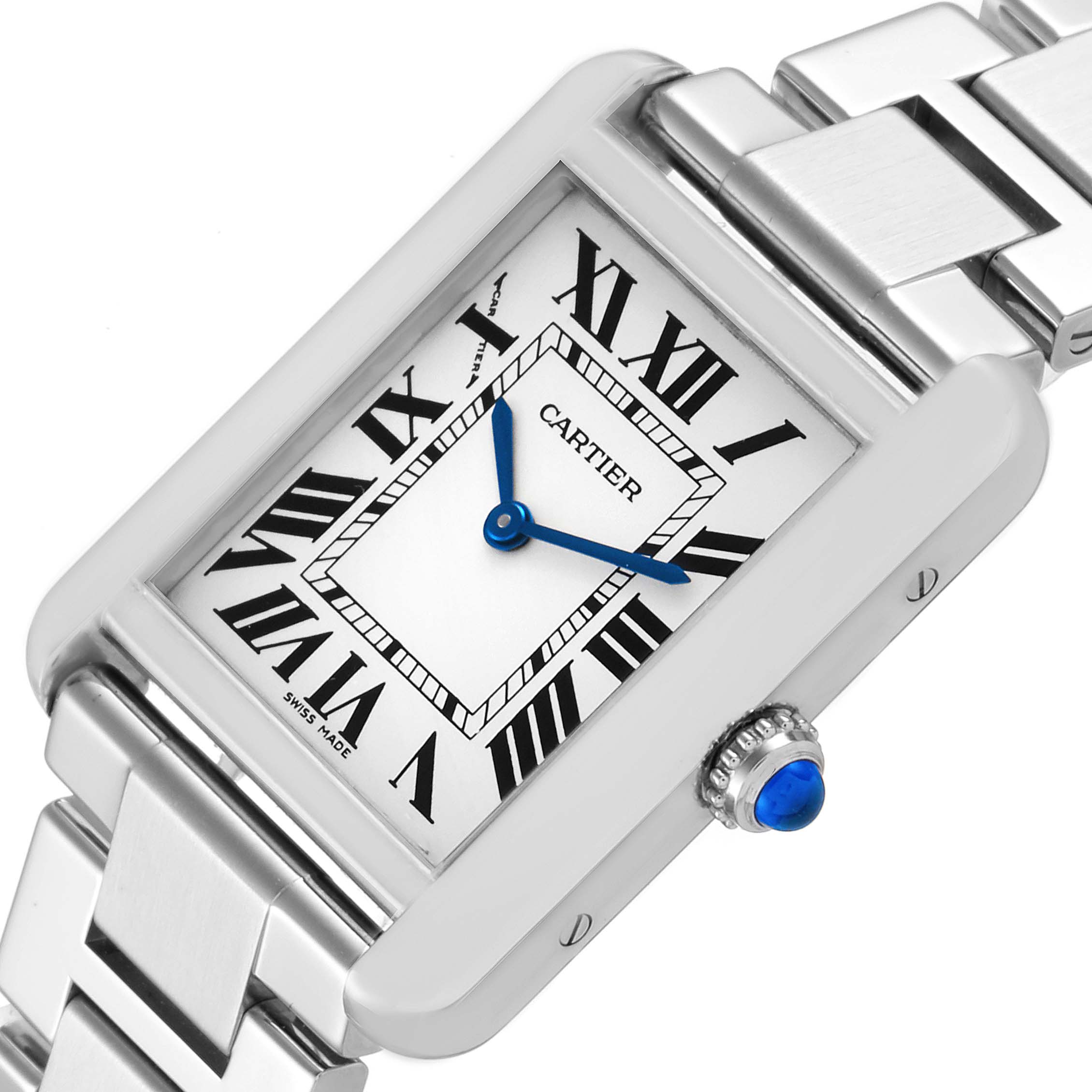 The image shows a close-up angle of the Cartier Tank Solo W5200013 Women's Stainless Steel Silver Dial W5200013 Women's Stainless Steel Silver Dial watch, displaying the dial, hands, crown, and part of the bracelet.