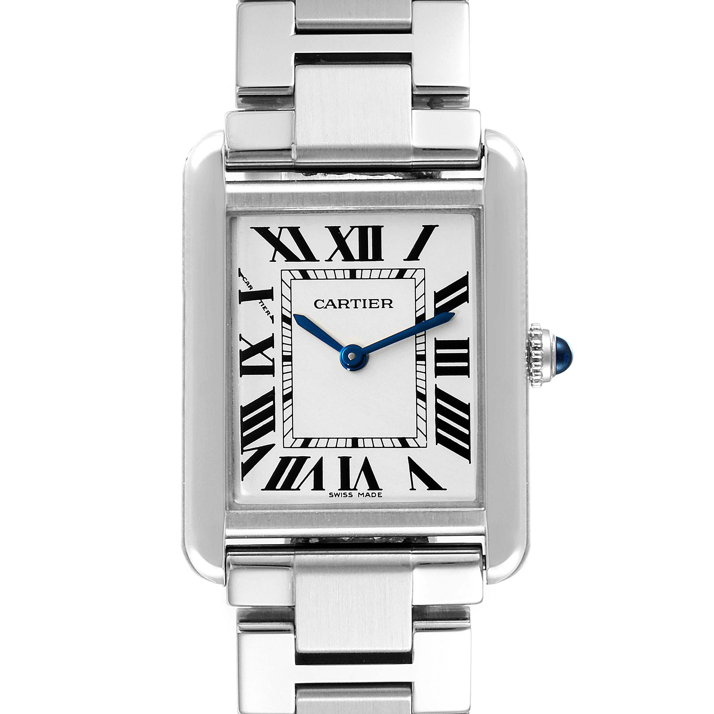The image shows a Cartier Tank Solo W5200013 Women's Stainless Steel Silver Dial W5200013 Women's Stainless Steel Silver Dial watch from the front, highlighting its rectangular face, Roman numerals, and stainless steel bracelet.