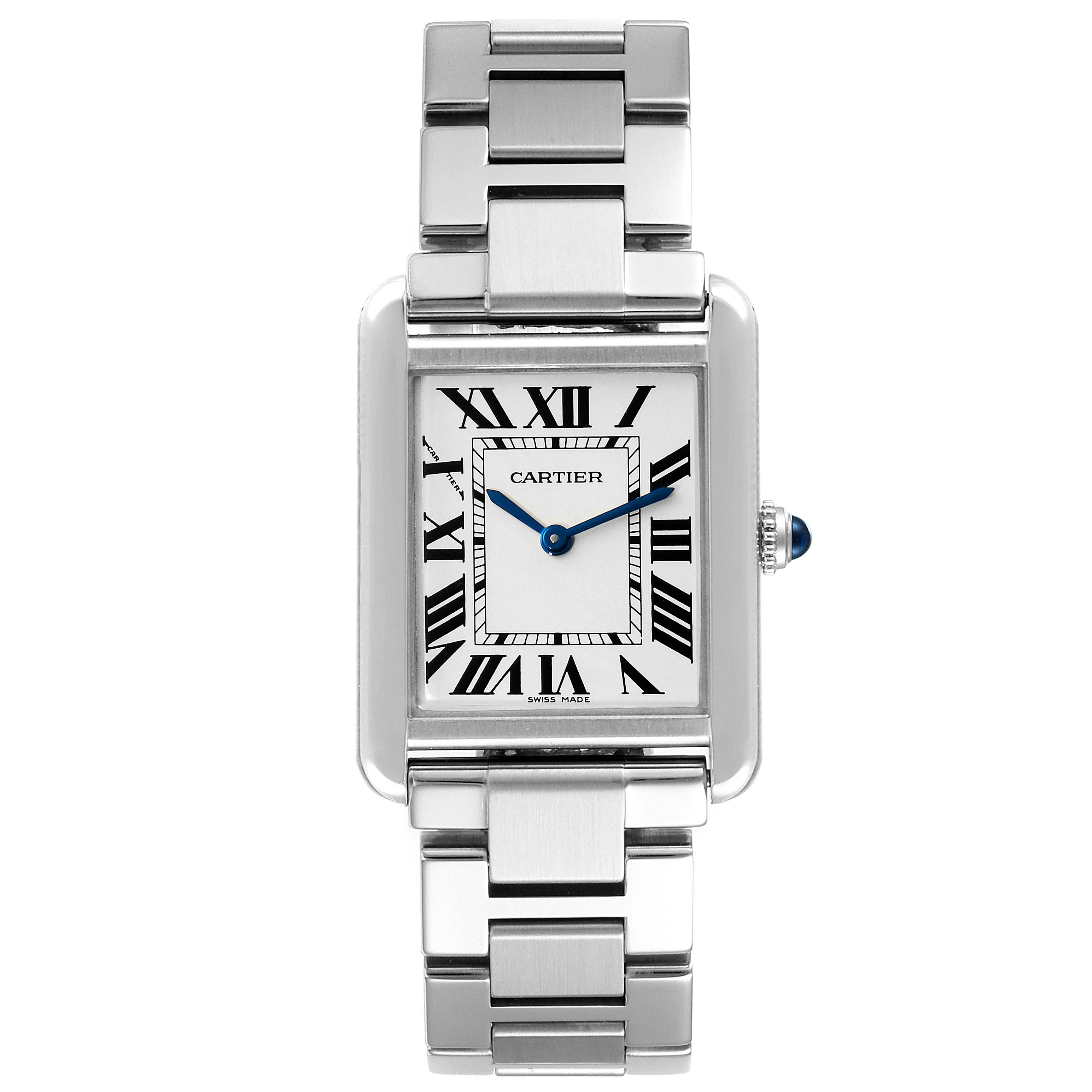 The image shows a front view of the Cartier Tank Solo W5200013 Women's Stainless Steel Silver Dial W5200013 Women's Stainless Steel Silver Dial watch, displaying its rectangular face, Roman numerals, and metal bracelet.