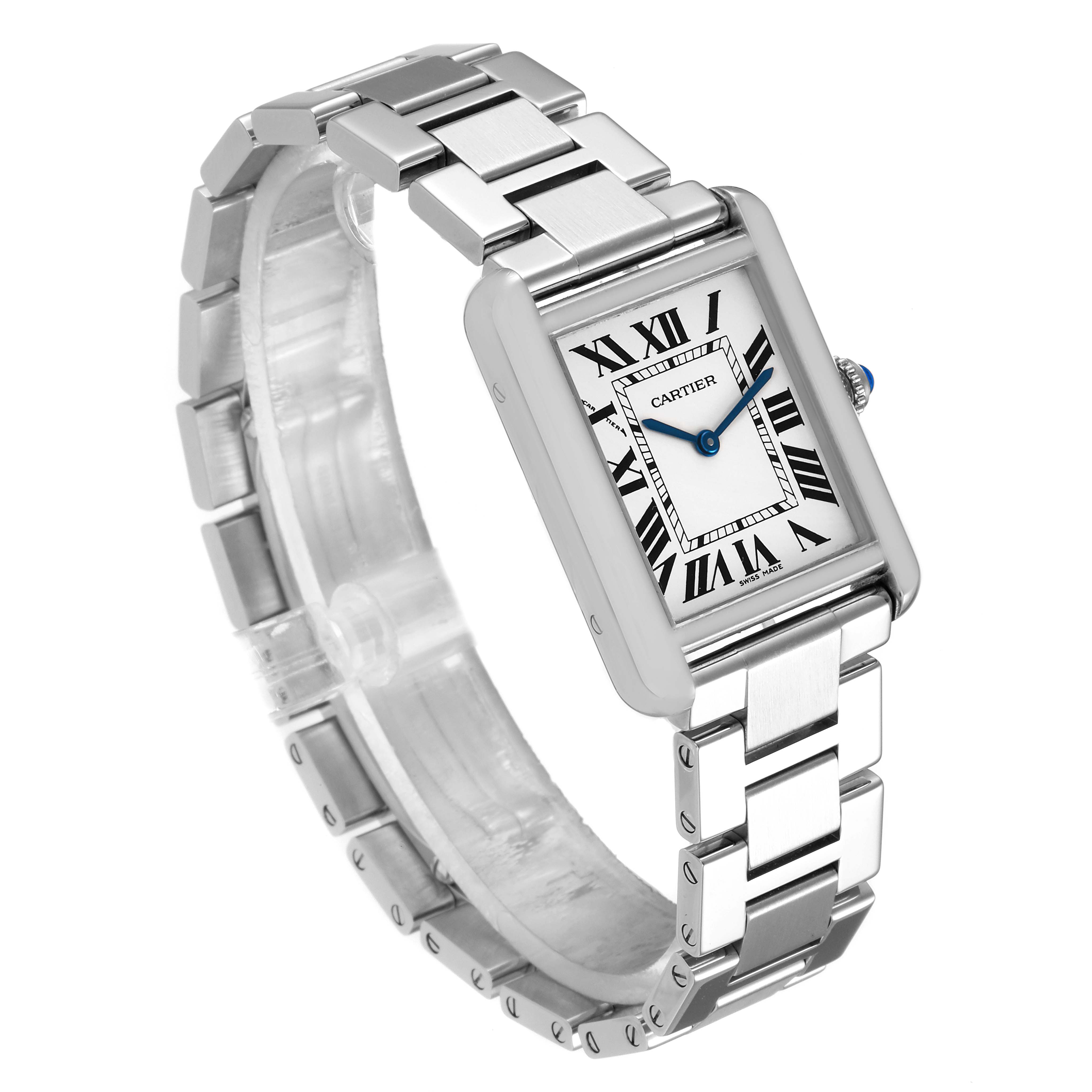 The image shows a Cartier Tank Solo W5200013 Women's Stainless Steel Silver Dial W5200013 Women's Stainless Steel Silver Dial watch from a three-quarter angled view, highlighting its rectangular face and metal bracelet.
