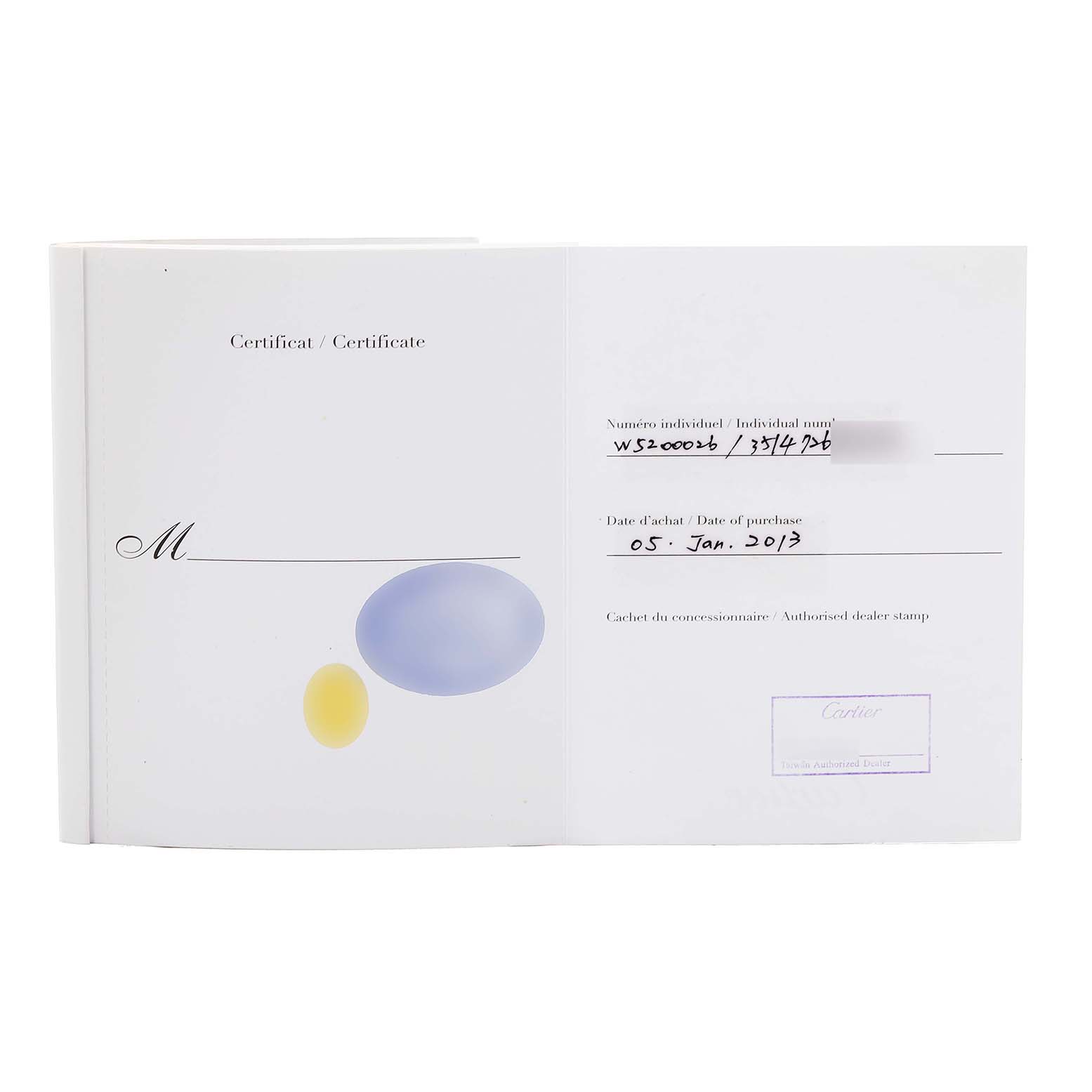 The image shows the certificate for a Cartier Tank Solo W5200026 Men's Rose Gold Silver Dial watch, displaying purchase details and authorization stamps.