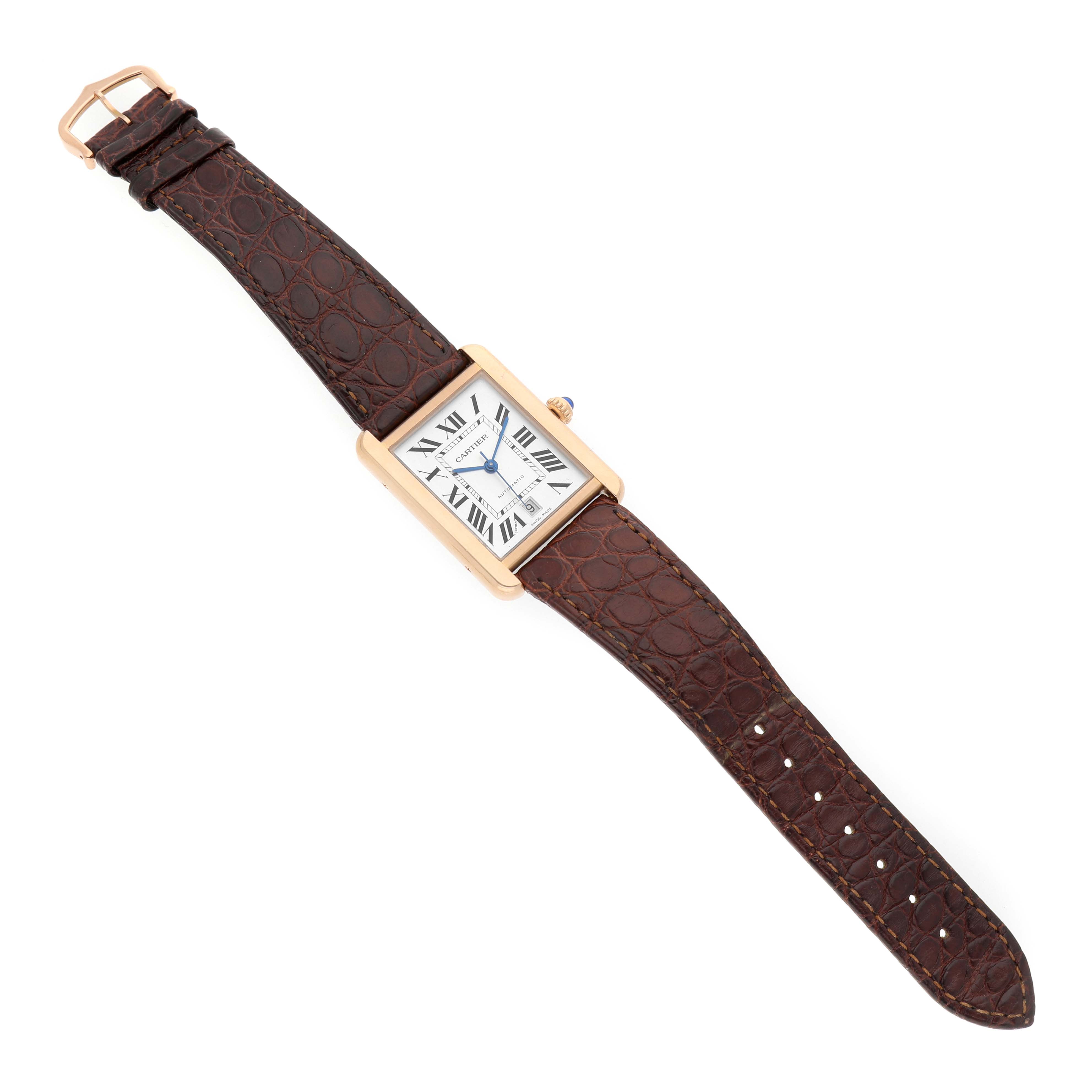 The Cartier Tank Solo W5200026 Men's Rose Gold Silver Dial watch is shown from a top view, displaying its rectangular face and brown leather strap.