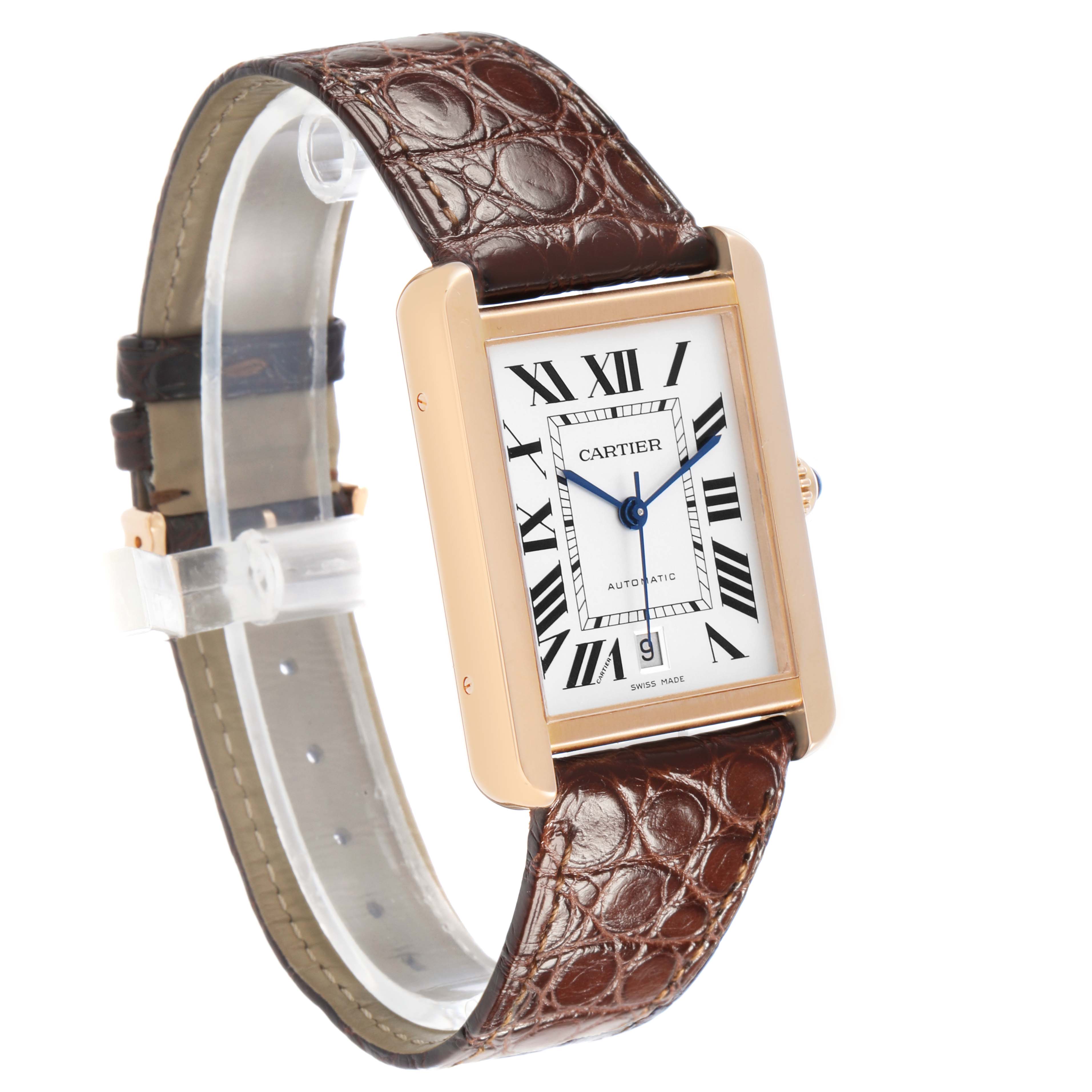 The Cartier Tank Solo W5200026 Men's Rose Gold Silver Dial watch is shown at a three-quarter angle, highlighting its rectangular face, Roman numerals, and brown leather strap.