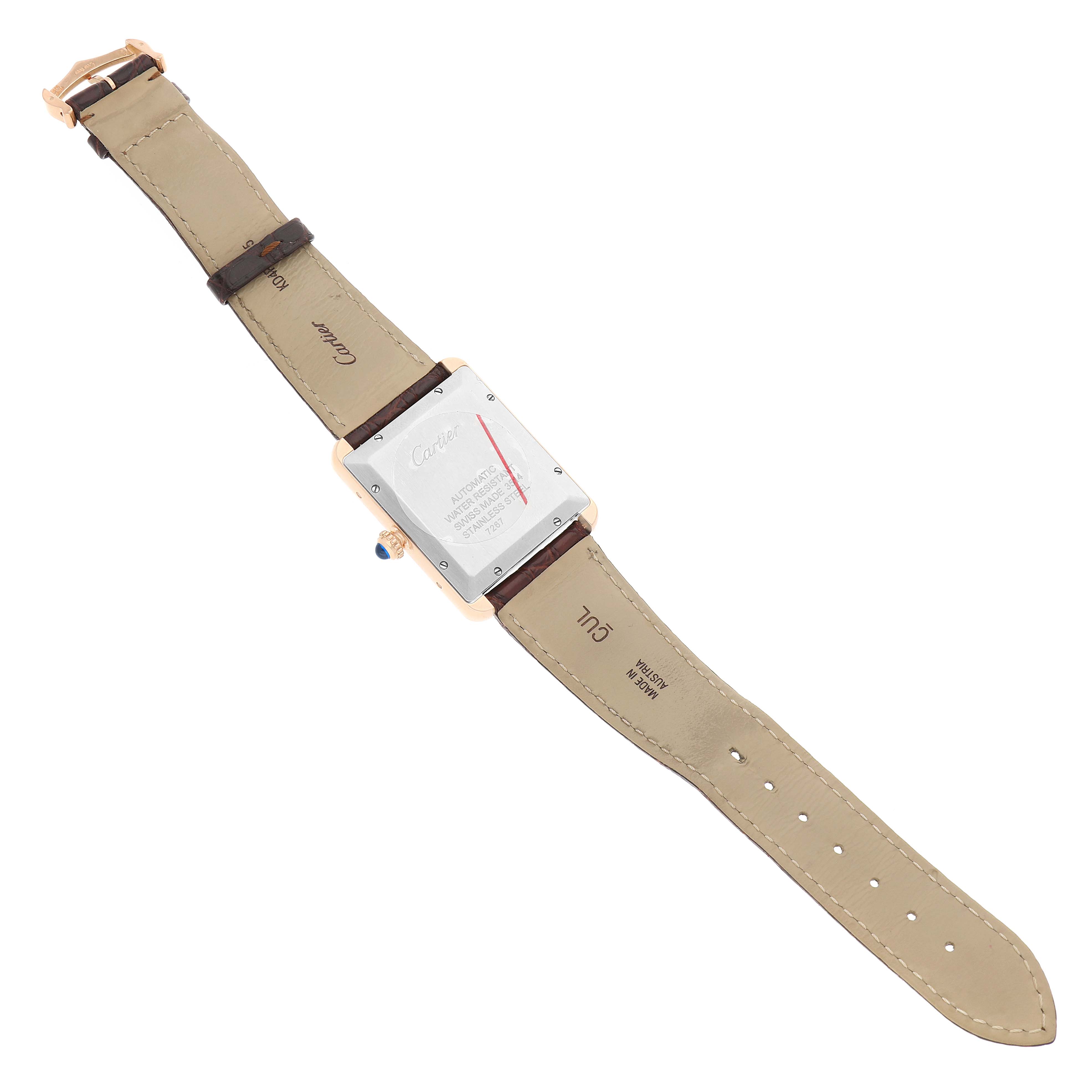 The Cartier Tank Solo W5200026 Men's Rose Gold Silver Dial watch is shown from the back, highlighting its leather strap and case back details.