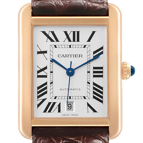 The Cartier Tank Solo W5200026 Men's Rose Gold Silver Dial watch is shown front-on, displaying its dial, Roman numerals, blue hands, crown, and date window.