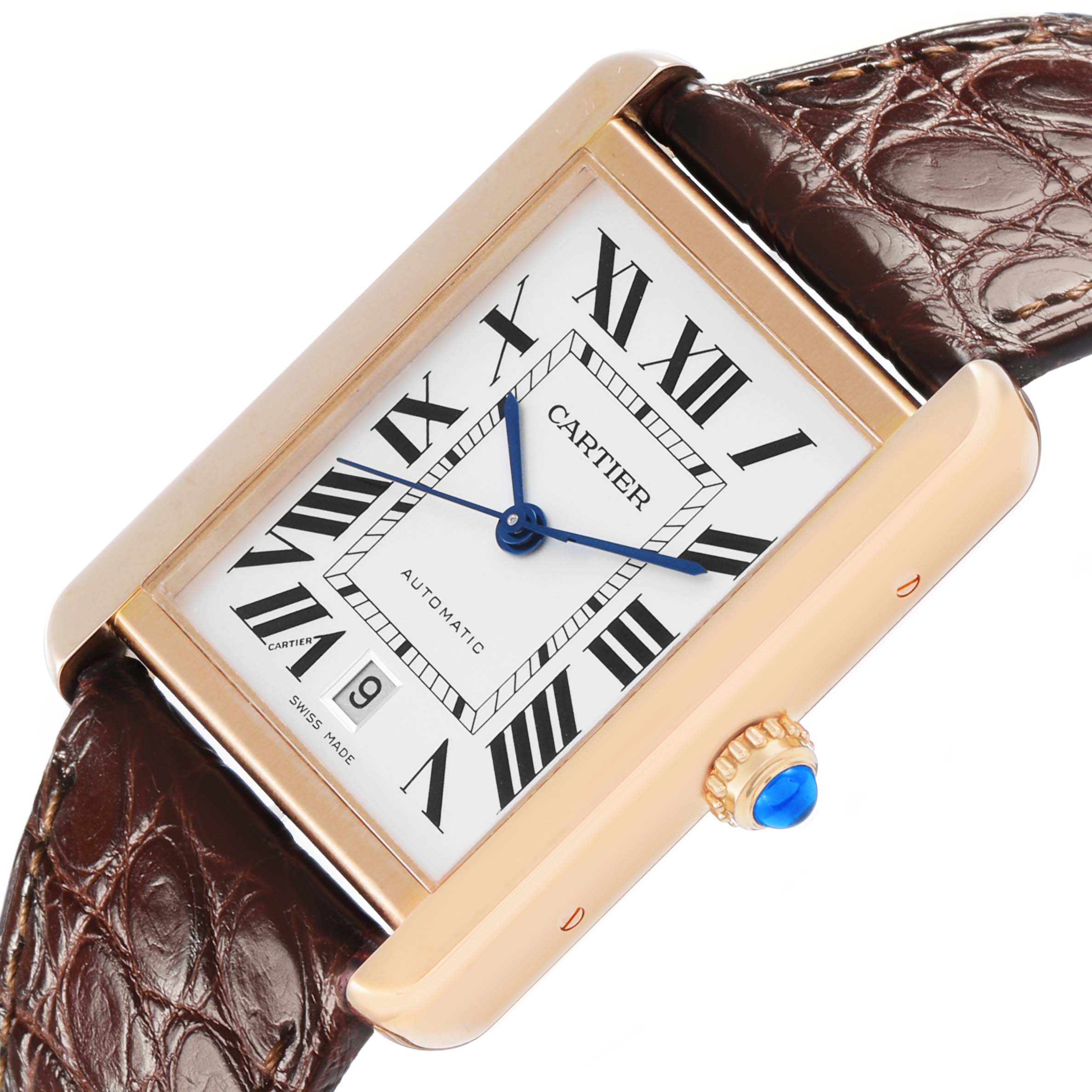 The Cartier Tank Solo W5200026 Men's Rose Gold Silver Dial watch is shown at an angle highlighting its face, crown with blue cabochon, and brown leather strap.