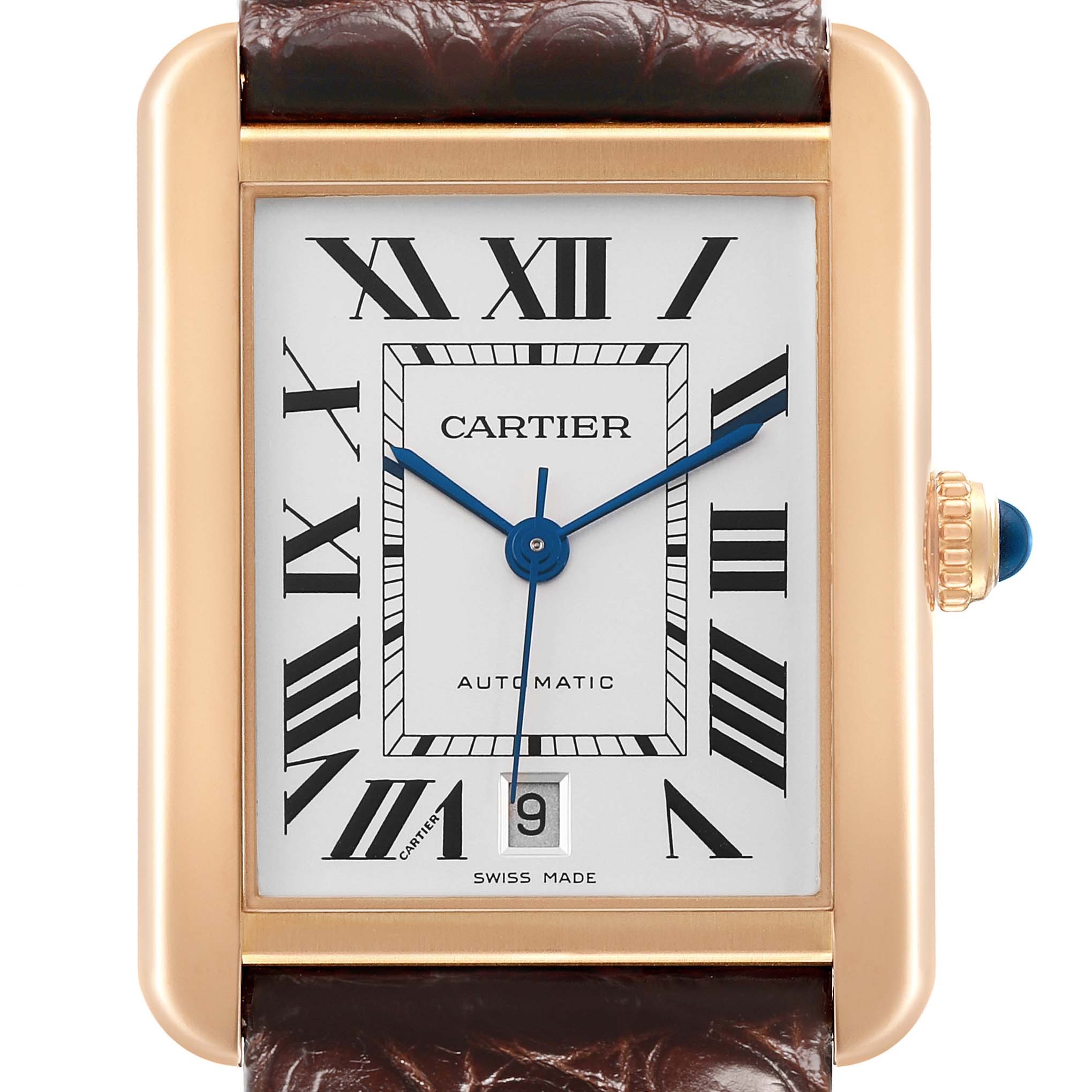 The Cartier Tank Solo W5200026 Men's Rose Gold Silver Dial watch is shown from the front, displaying its rectangular face, Roman numerals, blue hands, and date window.