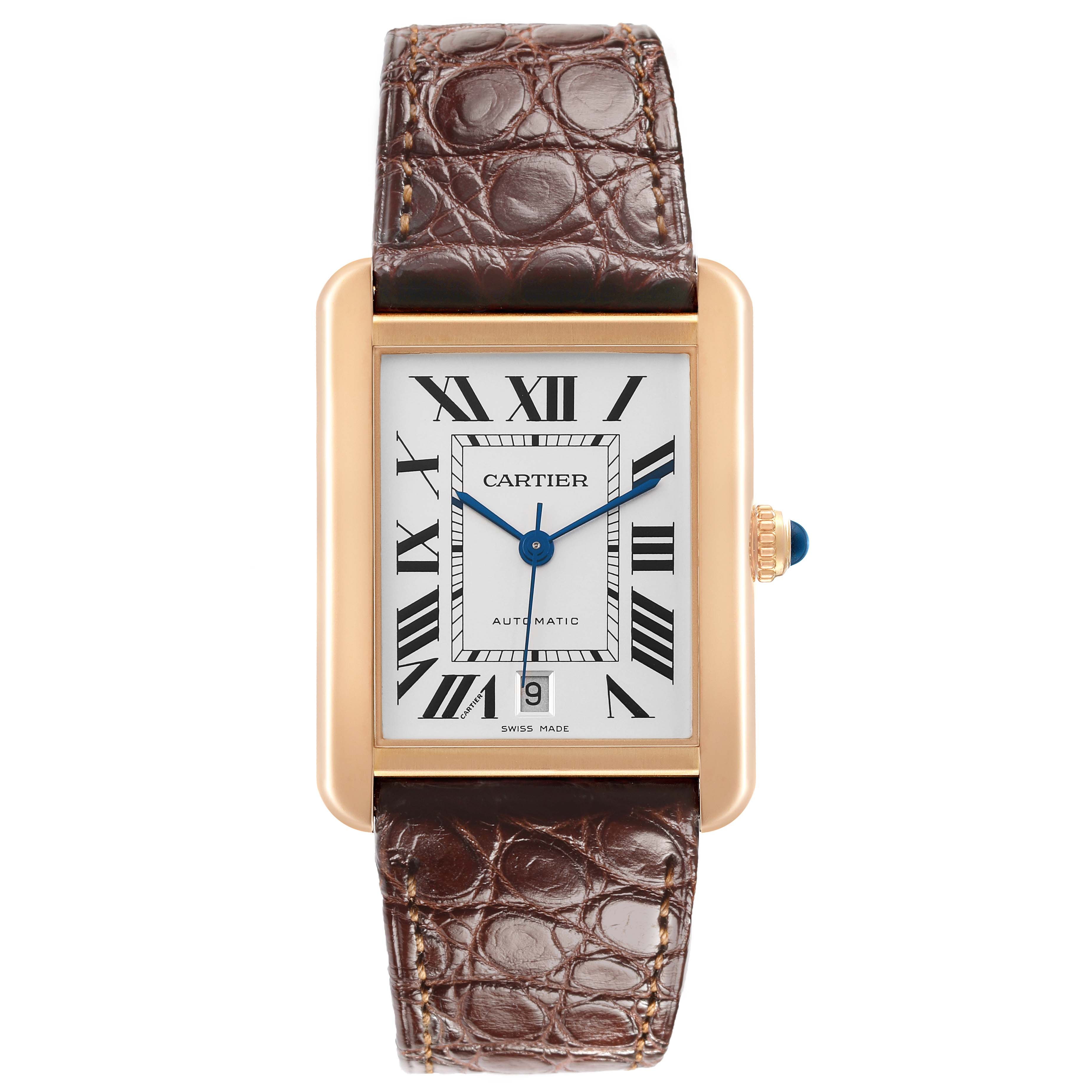 The Cartier Tank Solo W5200026 Men's Rose Gold Silver Dial watch is shown from the front, highlighting its rectangular face, Roman numerals, and leather strap.