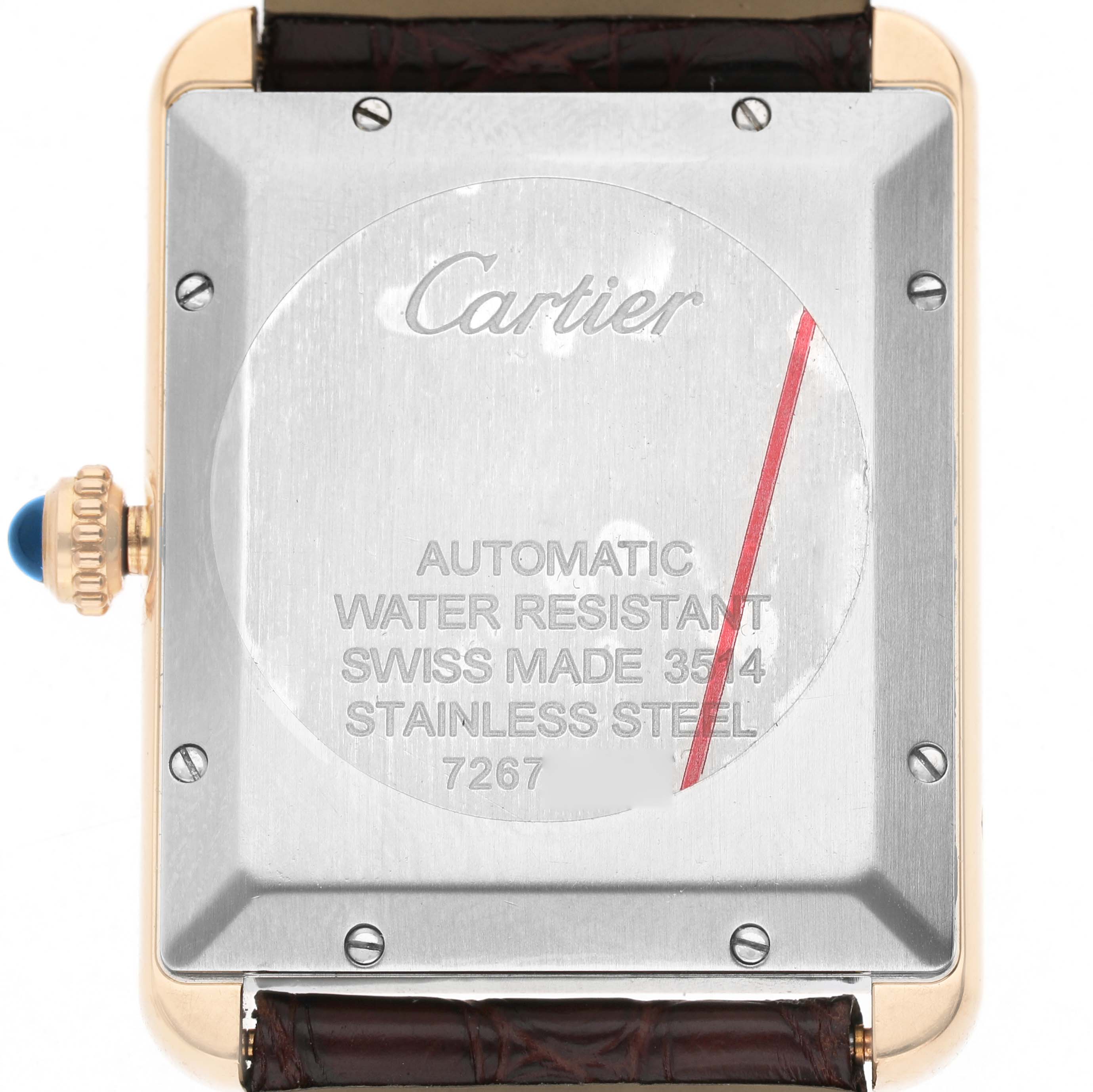 The image shows the back of the Cartier Tank Solo W5200026 Men's Rose Gold Silver Dial watch, featuring its case screws, crown, and engraved details.
