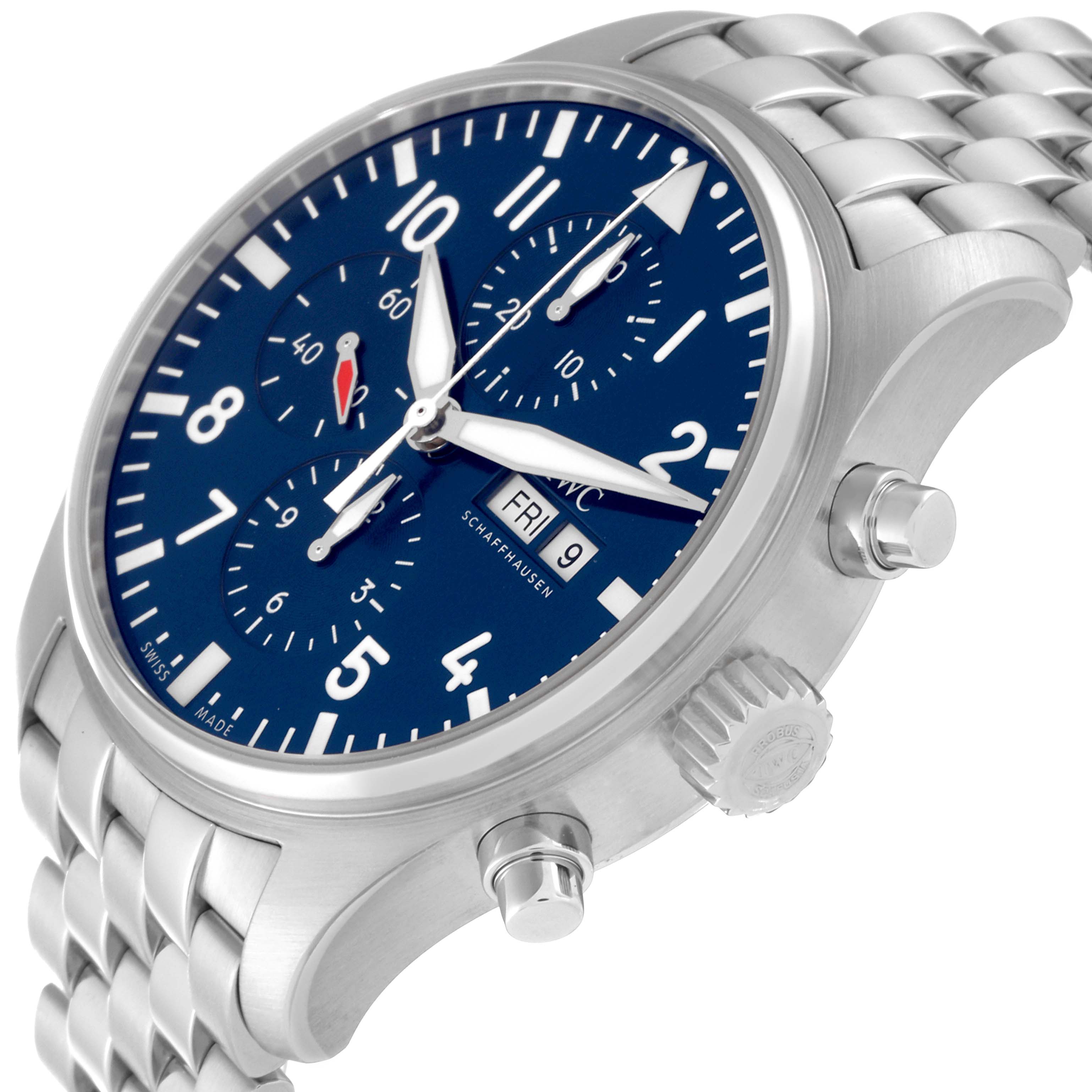 The IWC Pilot IW377717 Men's Stainless Steel Blue Dial IW377717 Men's Stainless Steel Blue Dial watch is shown at an angle highlighting its blue dial, chronograph sub-dials, crown, pushers, and stainless steel bracelet.