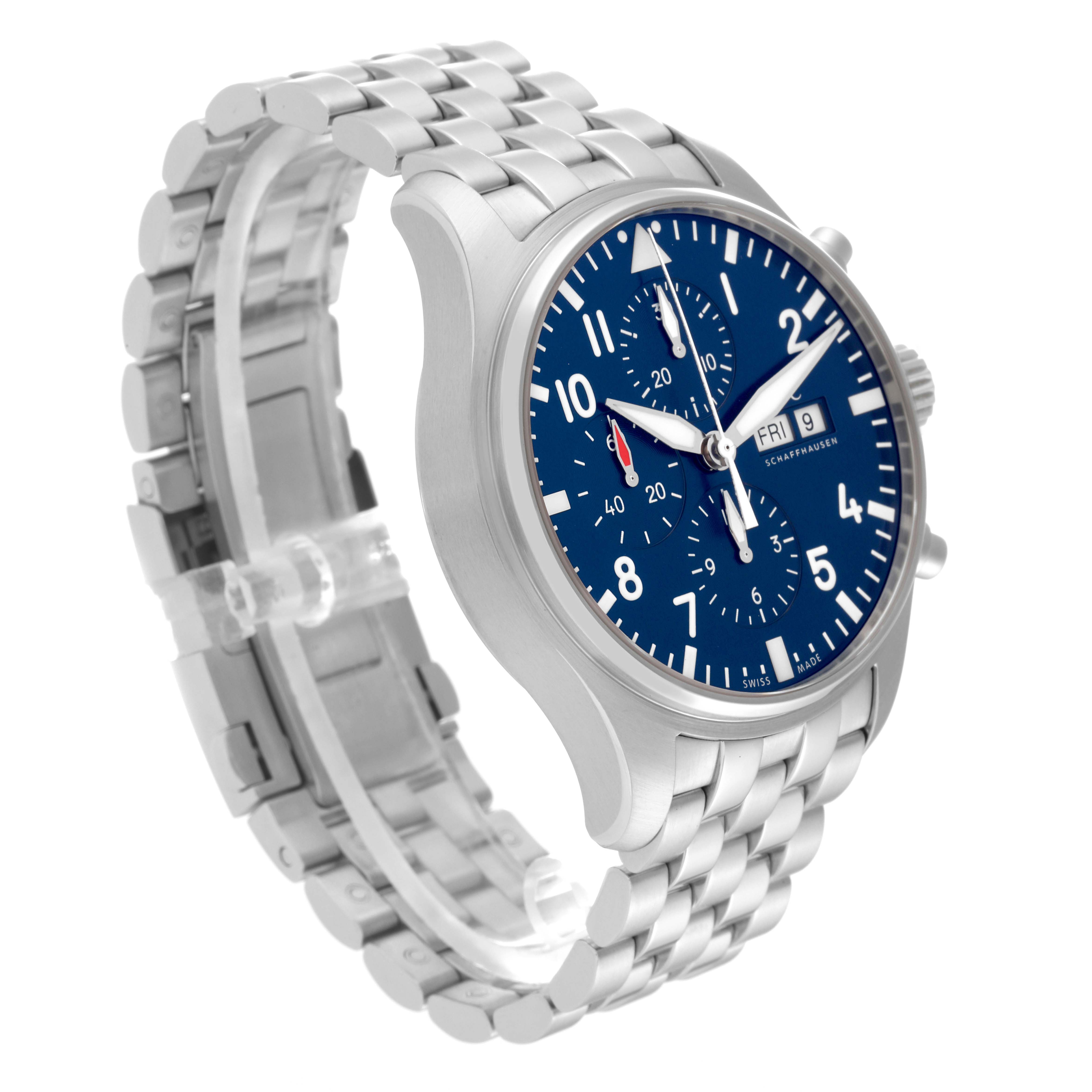 The image shows an IWC Pilot IW377717 Men's Stainless Steel Blue Dial IW377717 Men's Stainless Steel Blue Dial model watch from an oblique angle, displaying its blue dial, metal bracelet, and side profile.