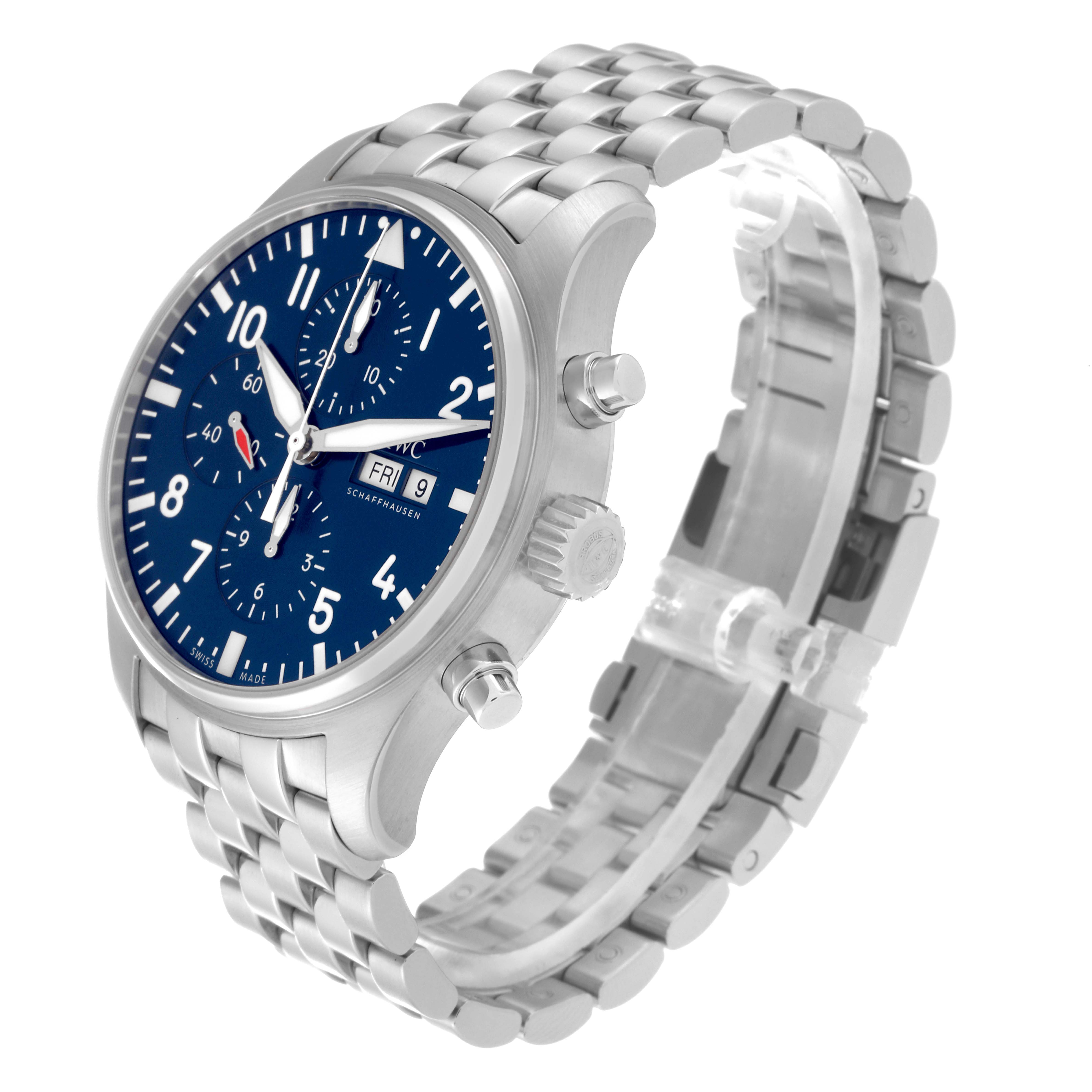 The IWC Pilot IW377717 Men's Stainless Steel Blue Dial IW377717 Men's Stainless Steel Blue Dial watch is shown at a 3/4 angle, displaying the face, crown, pushers, and metal bracelet.