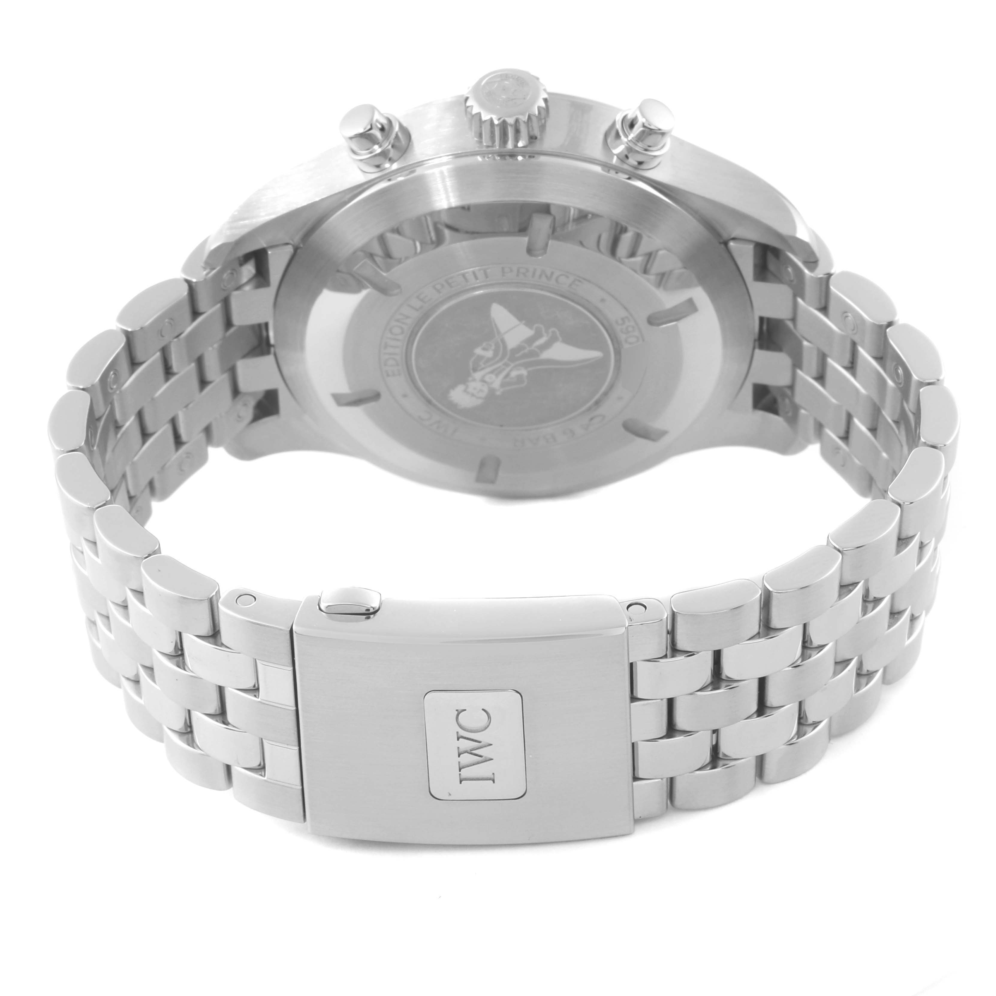 This image shows the back view of an IWC Pilot IW377717 Men's Stainless Steel Blue Dial IW377717 Men's Stainless Steel Blue Dial watch, focusing on the stainless steel bracelet and clasp.