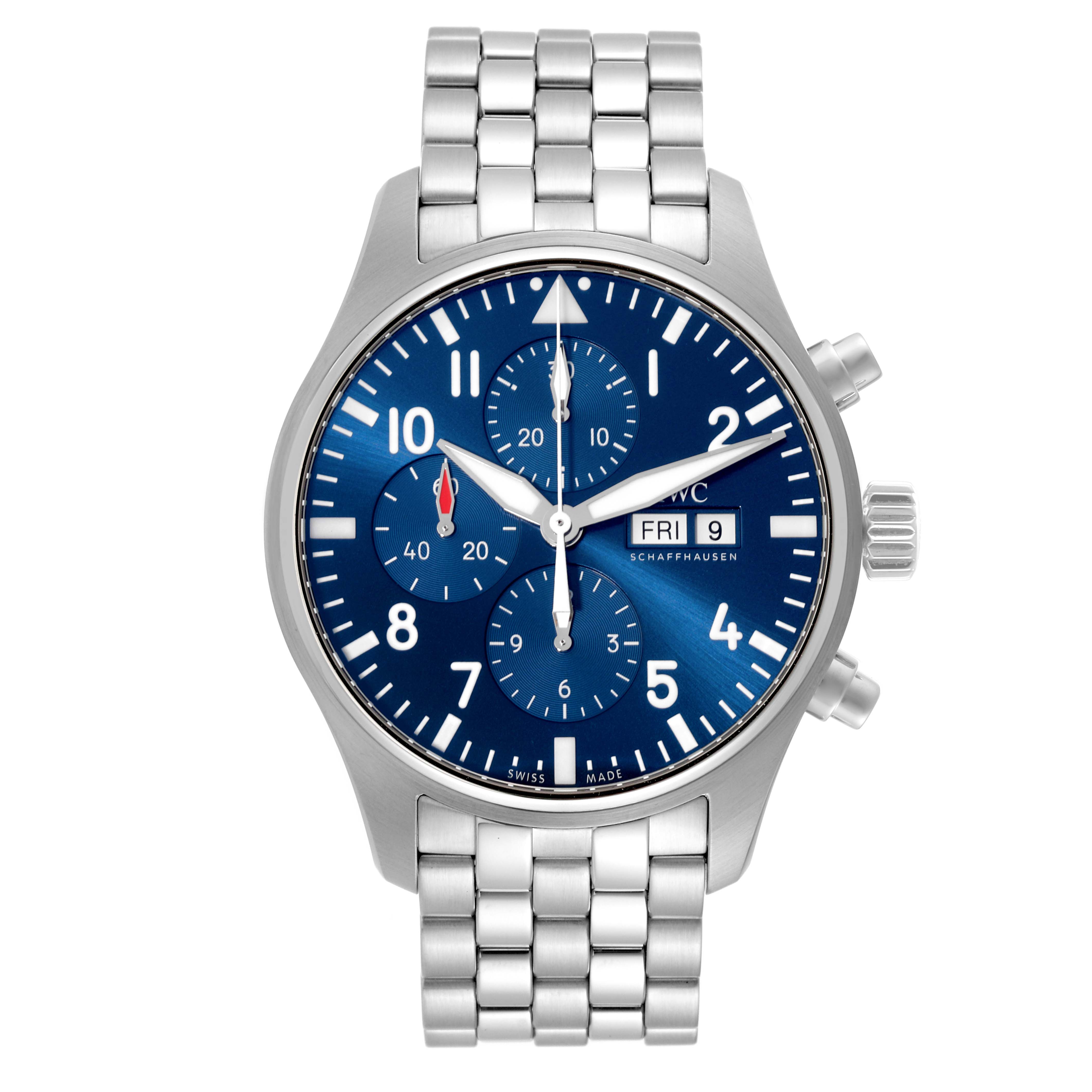 This image shows a frontal view of the IWC Pilot IW377717 Men's Stainless Steel Blue Dial IW377717 Men's Stainless Steel Blue Dial model watch, highlighting its blue dial, subdials, and metal bracelet.
