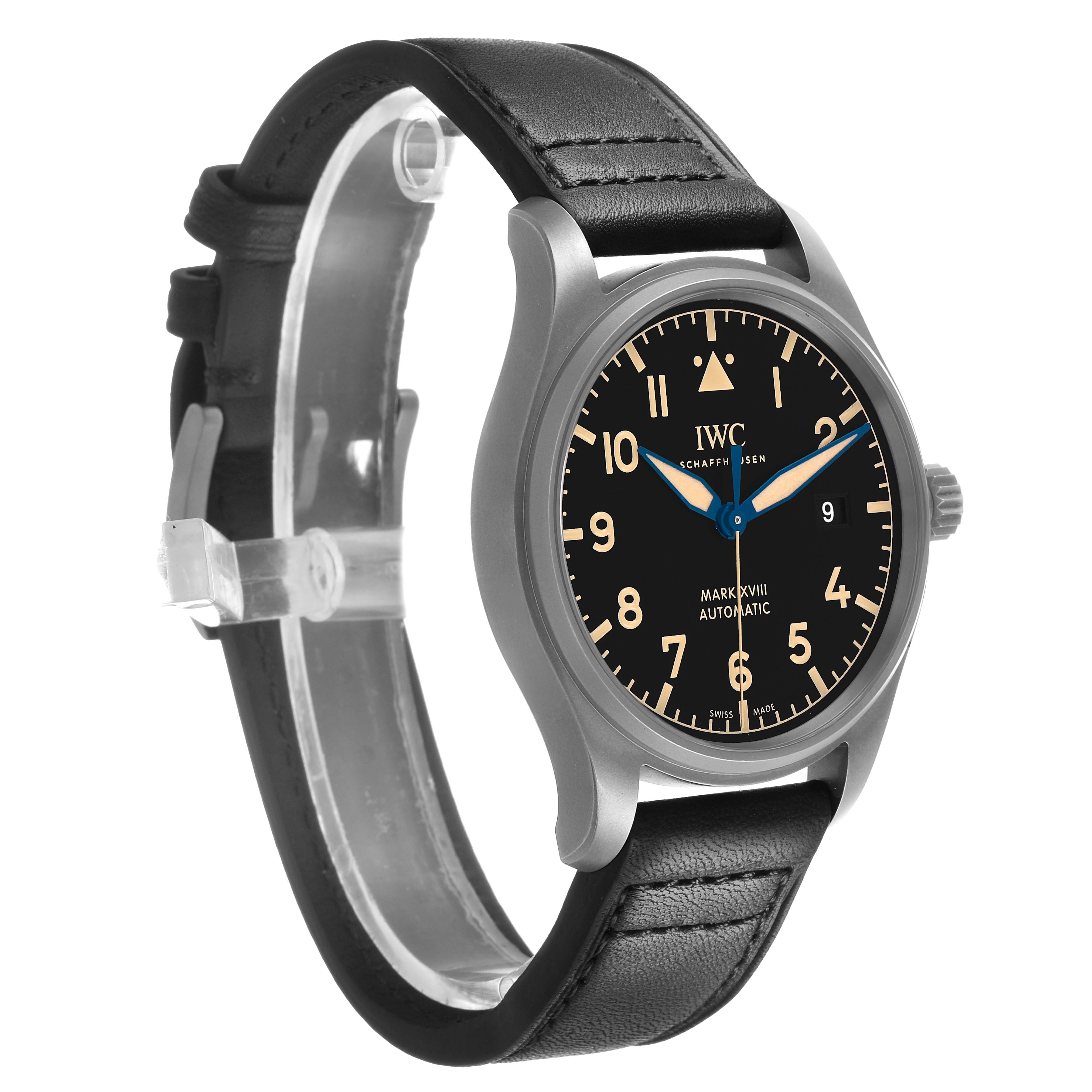 The IWC Pilot IW327006 Men's Titanium Black Dial watch is shown at a slight side angle, featuring the face, hands, and leather strap.