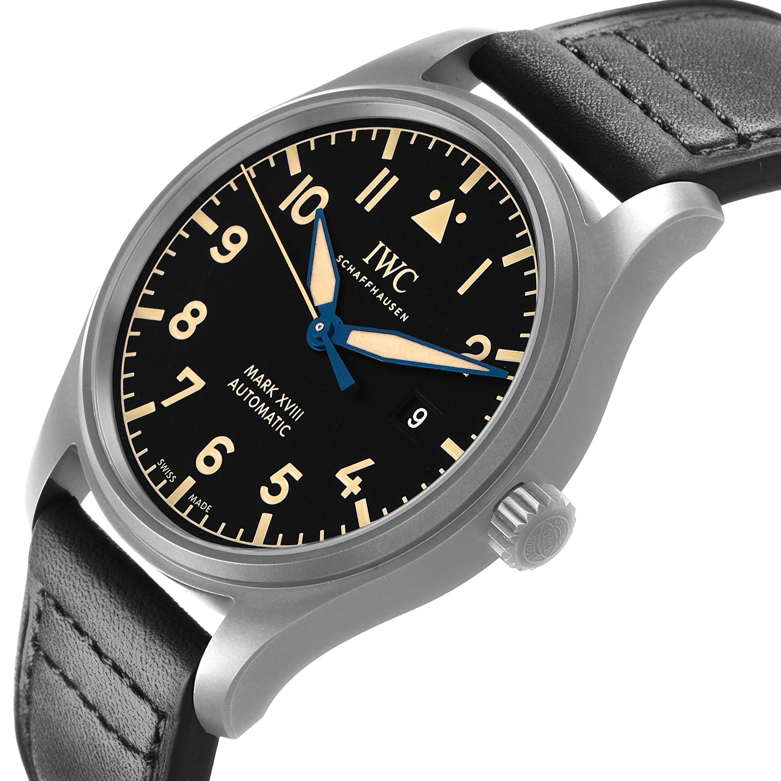 The IWC Pilot IW327006 Men's Titanium Black Dial Mark XVIII watch is shown from a front-side angle, highlighting its dial, crown, and leather strap.
