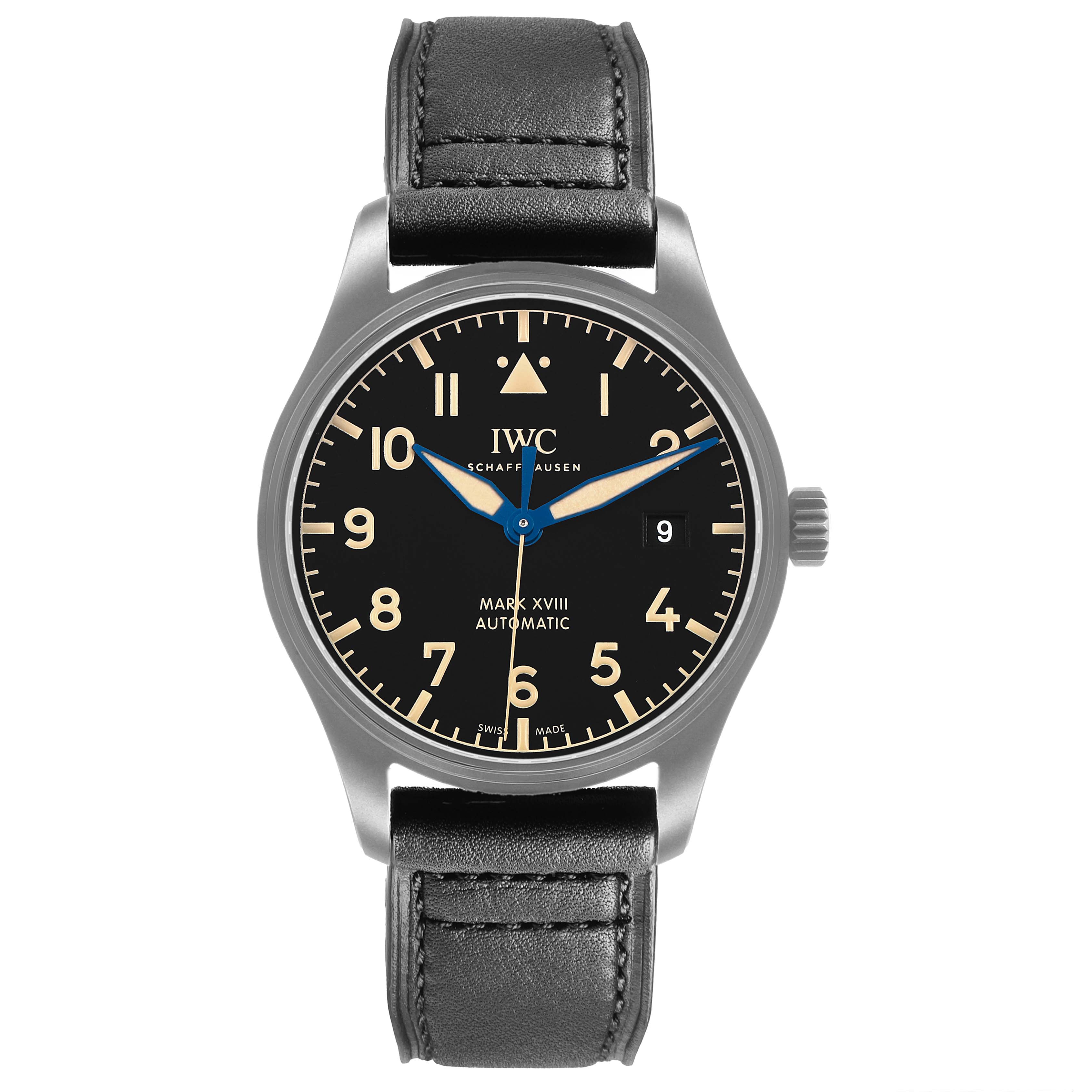 The IWC Pilot IW327006 Men's Titanium Black Dial Mark XVIII watch is shown from the front, displaying the face, case, and leather strap.