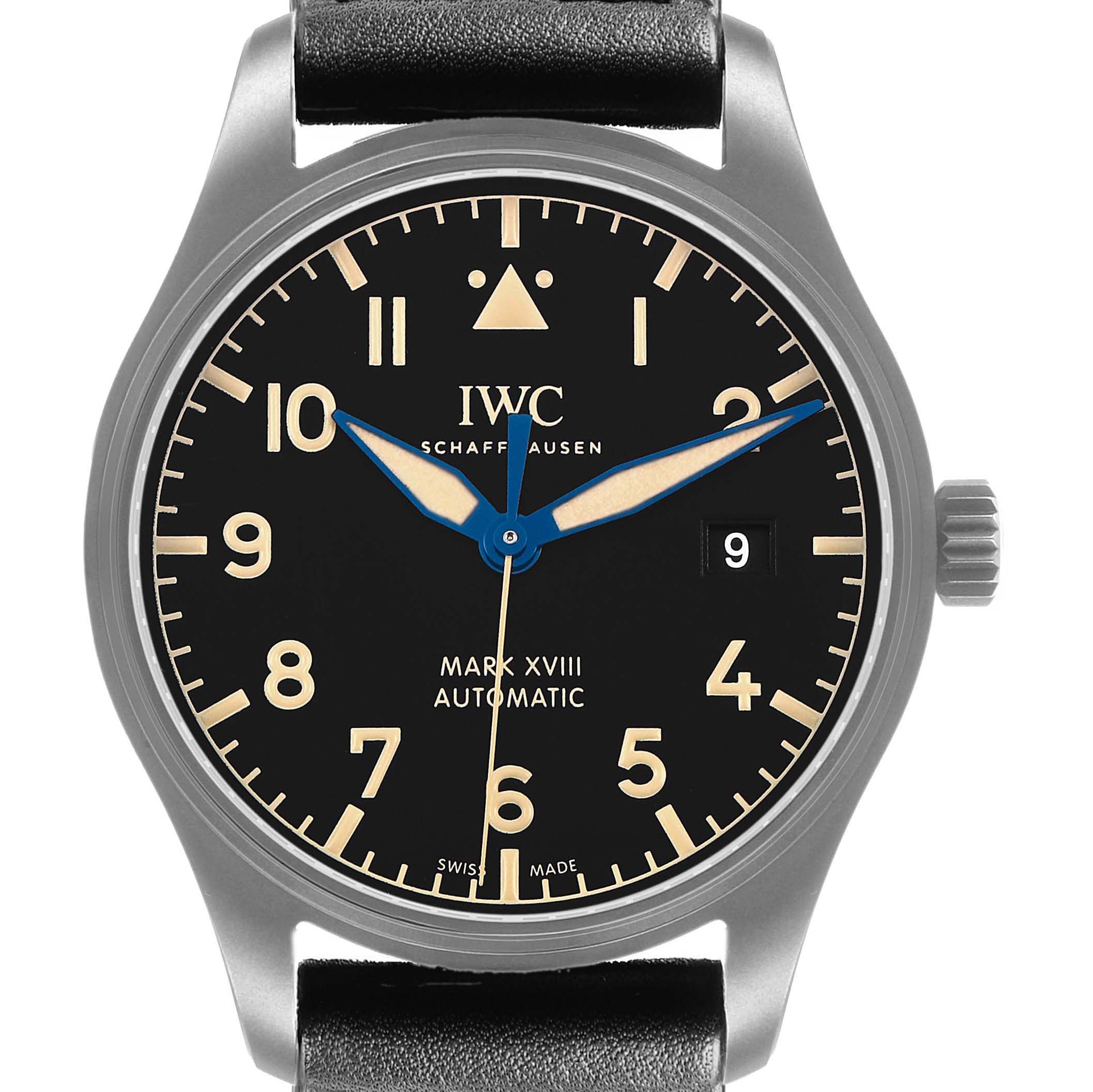 The image shows a frontal view of the IWC Pilot IW327006 Men's Titanium Black Dial Mark XVIII watch, displaying its dial, hands, and crown.