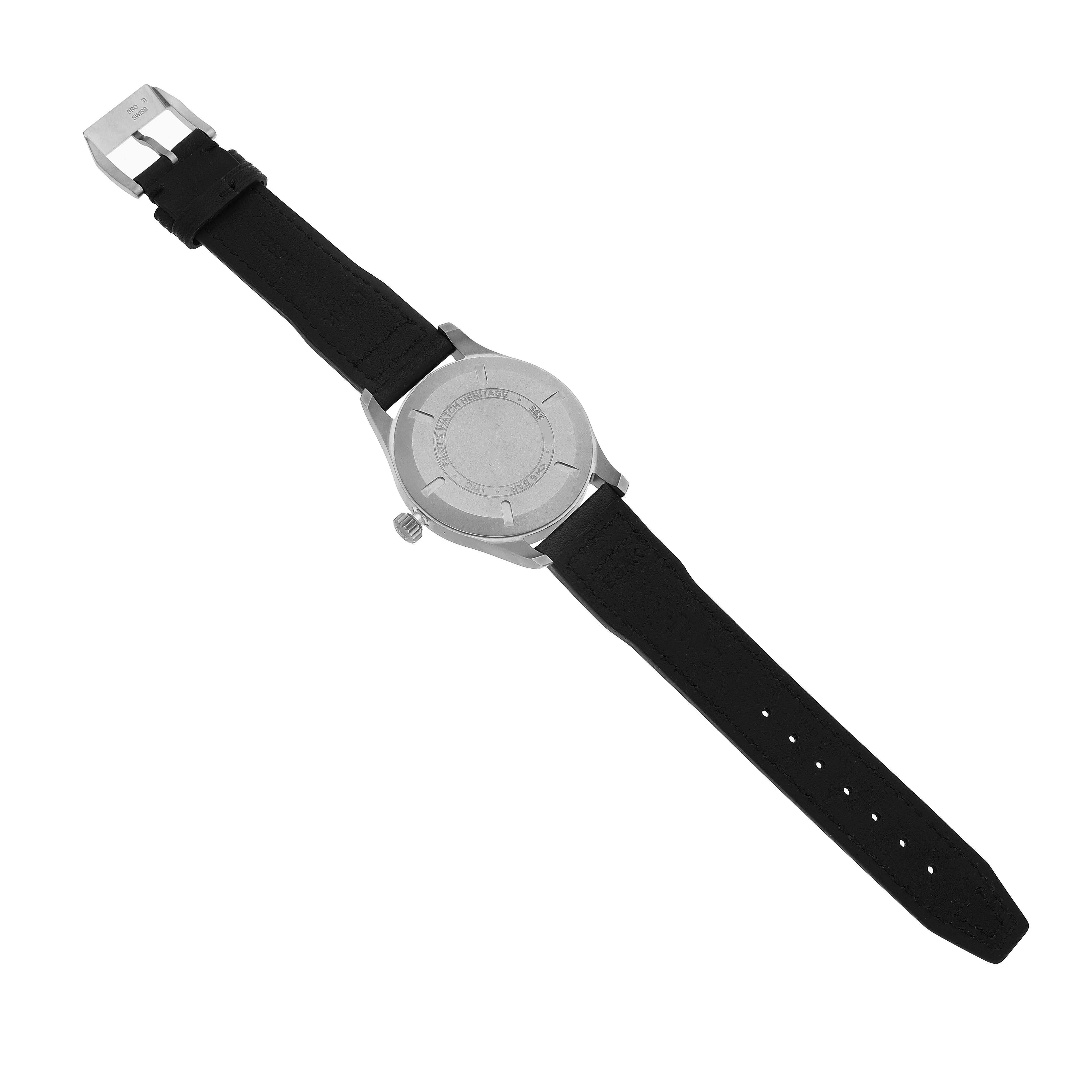 The image shows the back case and strap of an IWC Pilot IW327006 Men's Titanium Black Dial model watch.