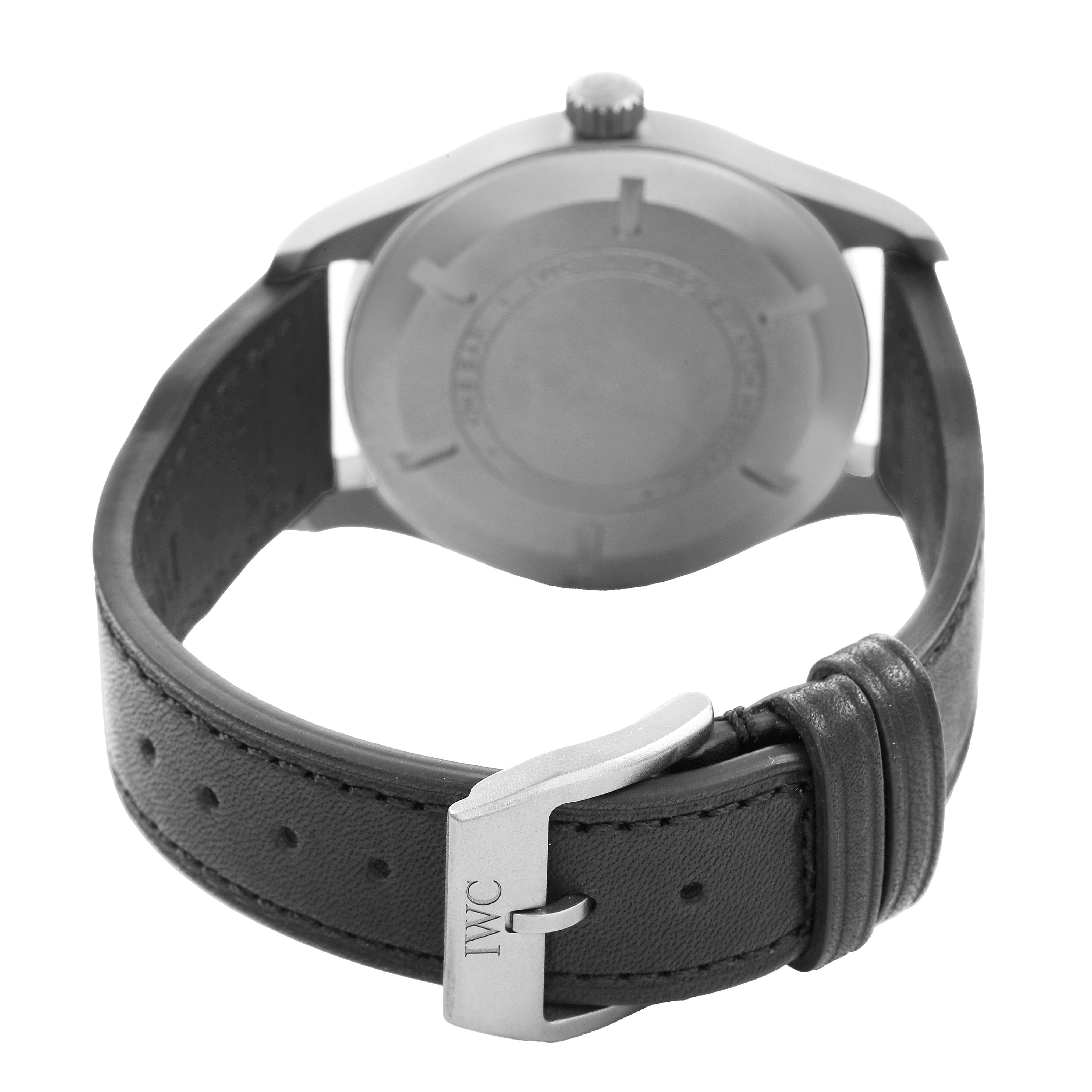 The IWC Pilot IW327006 Men's Titanium Black Dial model is shown from the rear, displaying the case back, strap, and IWC-branded buckle.