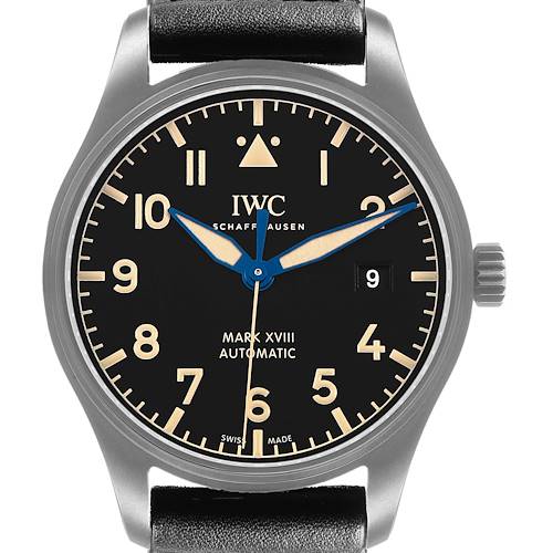 The image shows the IWC Pilot IW327006 Men's Titanium Black Dial Mark XVIII watch from the front, highlighting the dial, bezel, crown, and part of the strap.