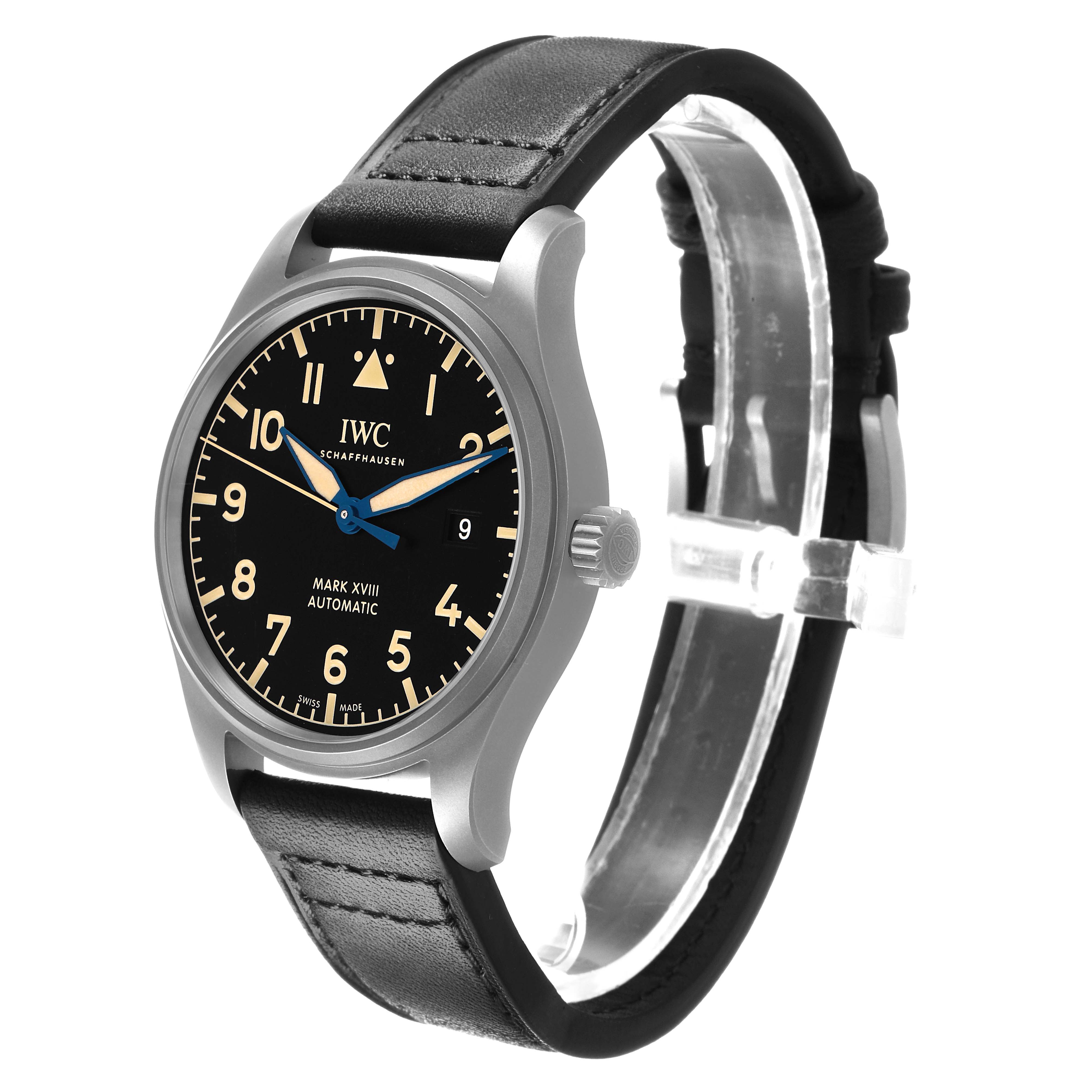 The IWC Pilot IW327006 Men's Titanium Black Dial Mark XVIII watch is shown in a three-quarter view, displaying the face, crown, and strap.