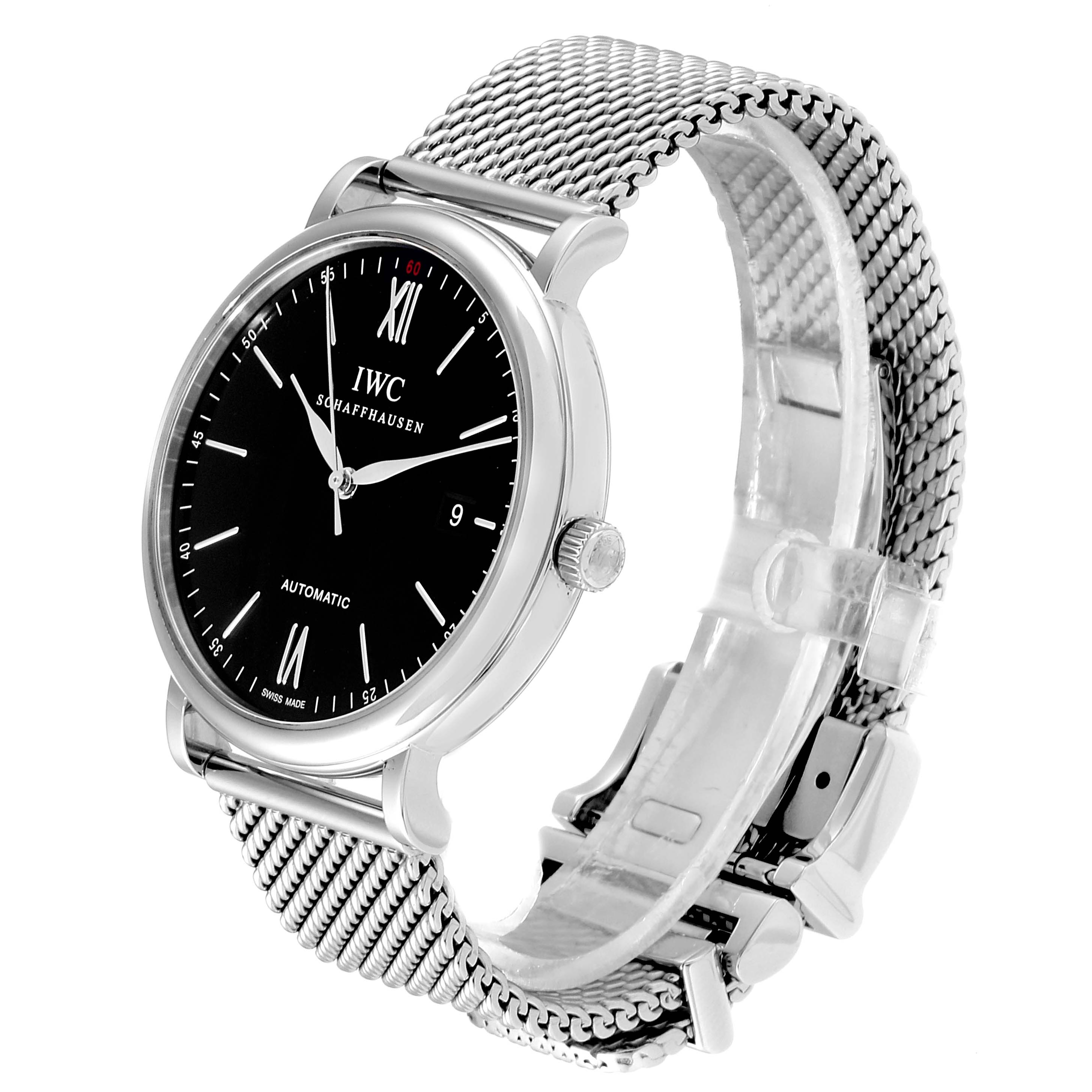 The IWC Portofino IW356506 Men's Stainless Steel Black Dial IW356506 Men's Stainless Steel Black Dial watch is shown at a three-quarter angle, displaying the watch face, case, and metal mesh strap.