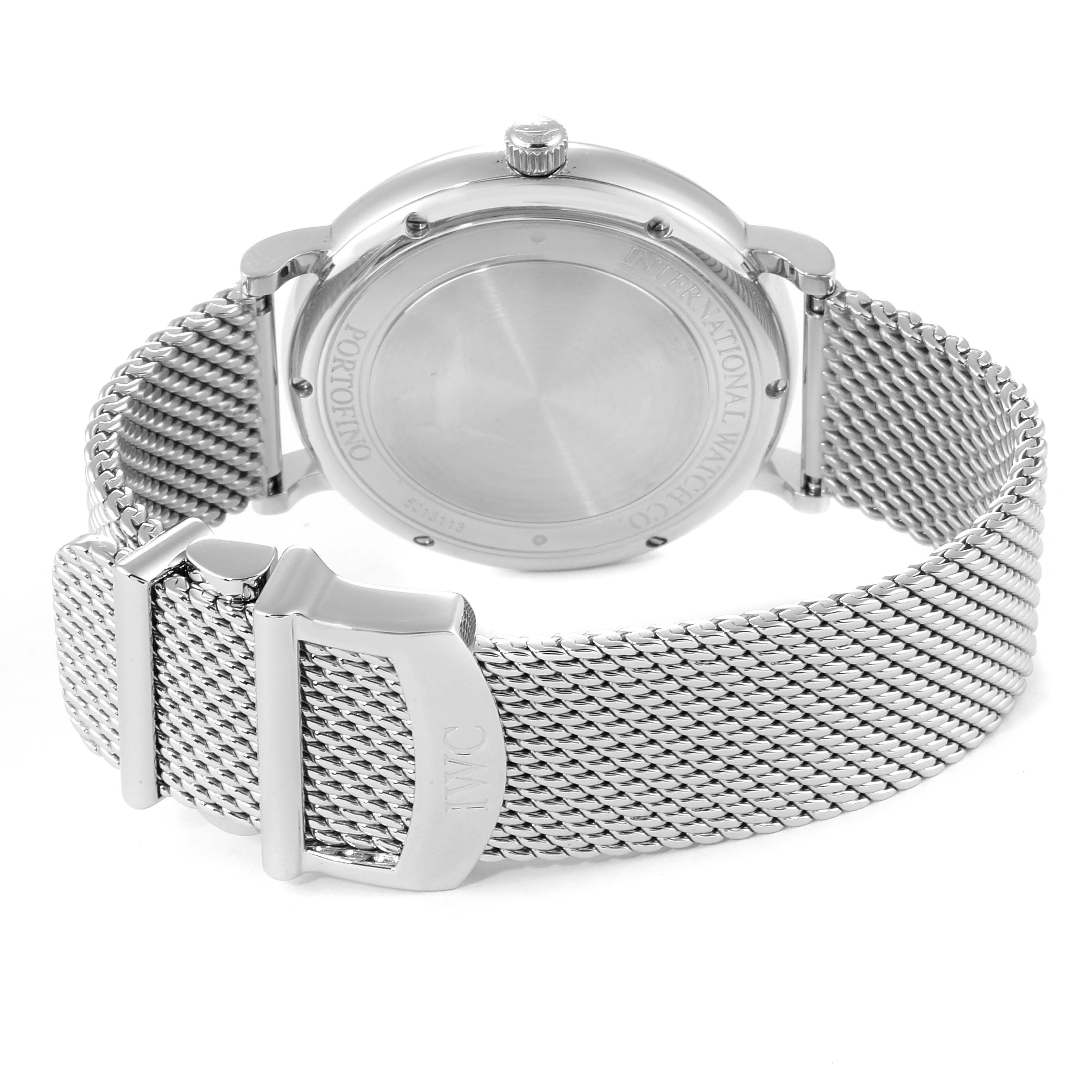 This image shows the back and clasp of an IWC Portofino IW356506 Men's Stainless Steel Black Dial IW356506 Men's Stainless Steel Black Dial watch from a rear angle.