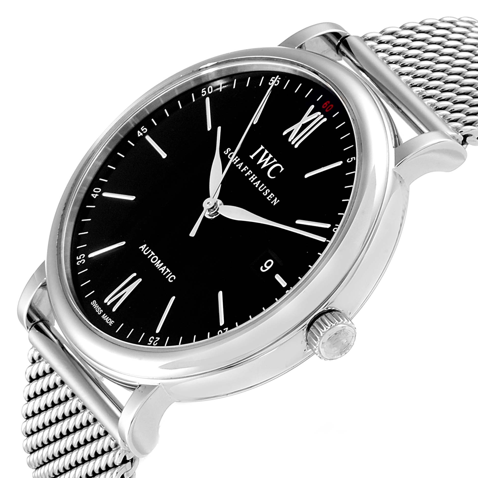 The IWC Portofino IW356506 Men's Stainless Steel Black Dial IW356506 Men's Stainless Steel Black Dial watch is shown at an angled side view, highlighting the black dial, Roman numerals, and the mesh strap.