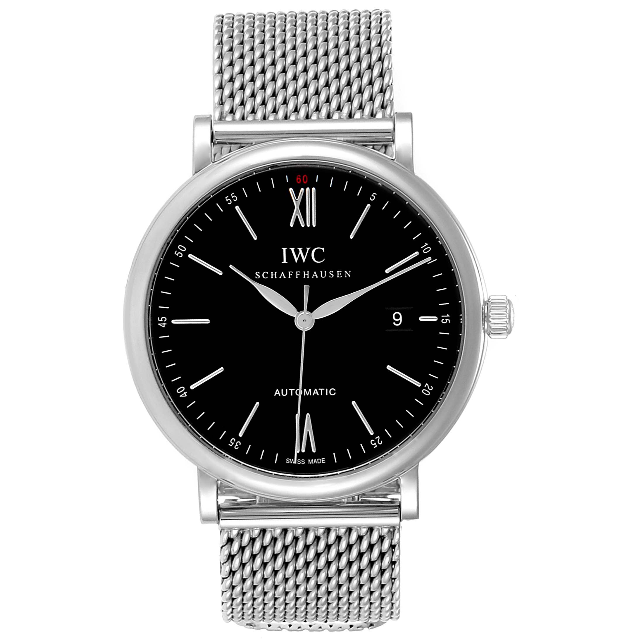 This image shows a front view of an IWC Portofino IW356506 Men's Stainless Steel Black Dial IW356506 Men's Stainless Steel Black Dial watch, displaying its face, hands, mesh strap, and brand details.