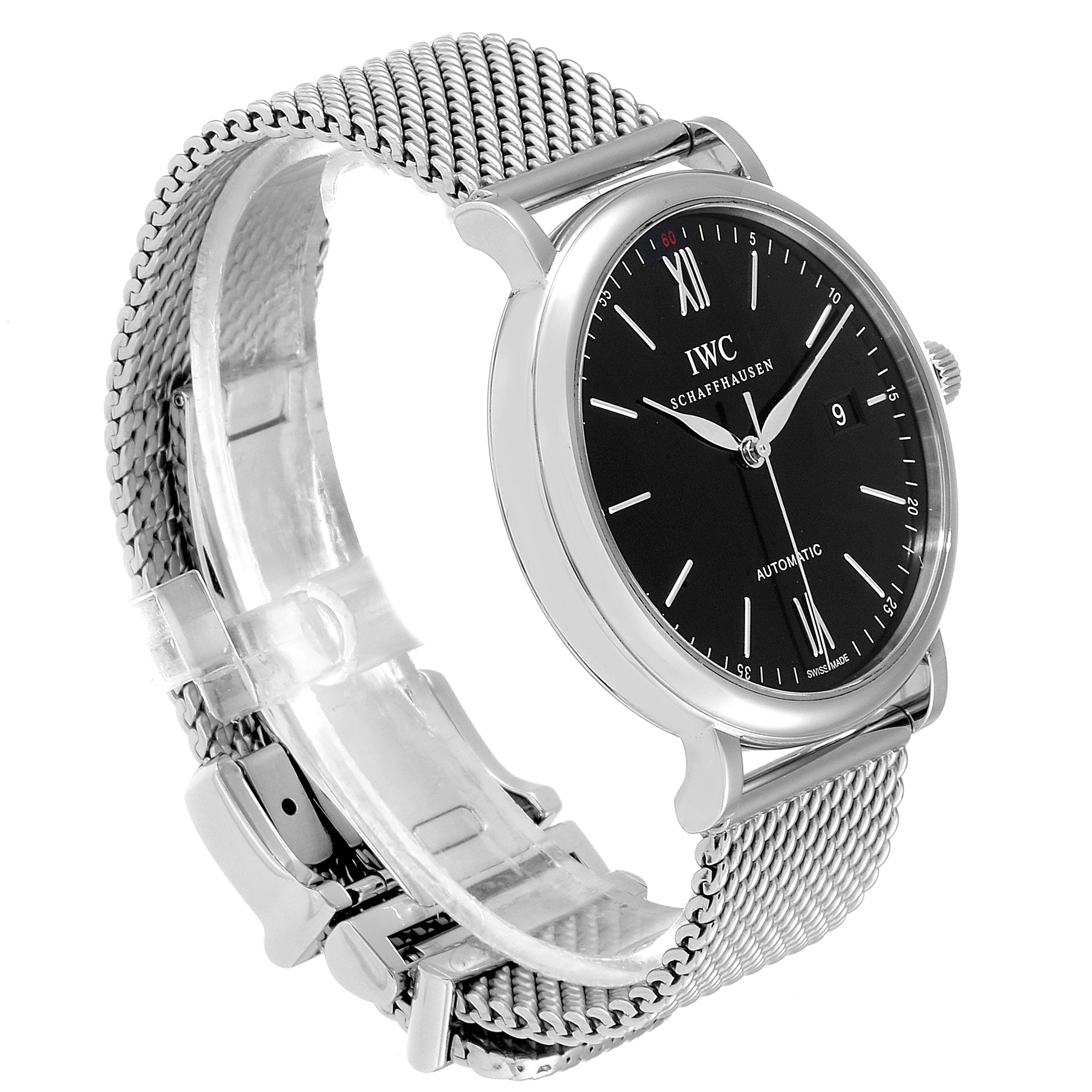 This image shows a side angle view of the IWC Portofino IW356506 Men's Stainless Steel Black Dial IW356506 Men's Stainless Steel Black Dial watch, highlighting its black dial, silver case, and mesh bracelet.