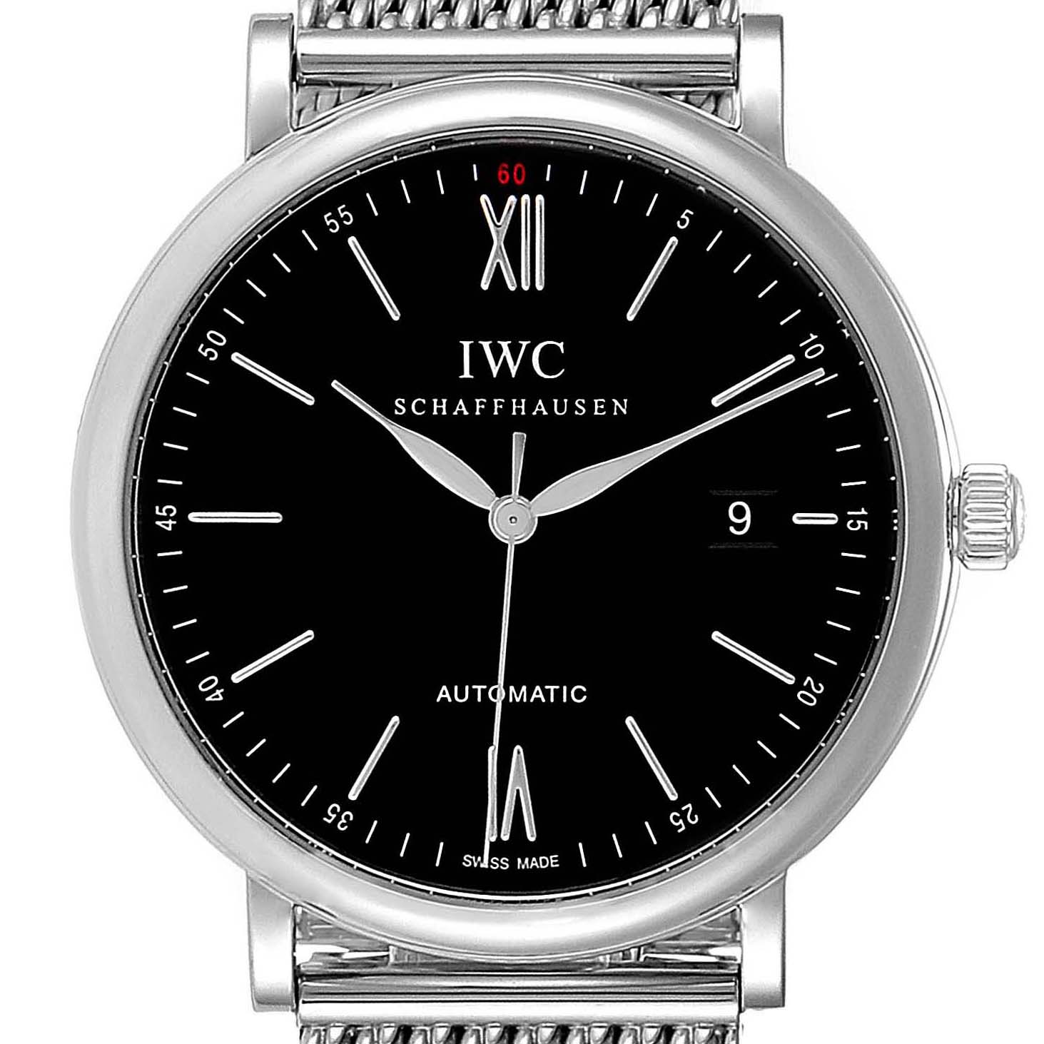 The image shows a front angle of the IWC Portofino IW356506 Men's Stainless Steel Black Dial IW356506 Men's Stainless Steel Black Dial watch, displaying its black dial, silver hour markers, and mesh bracelet.