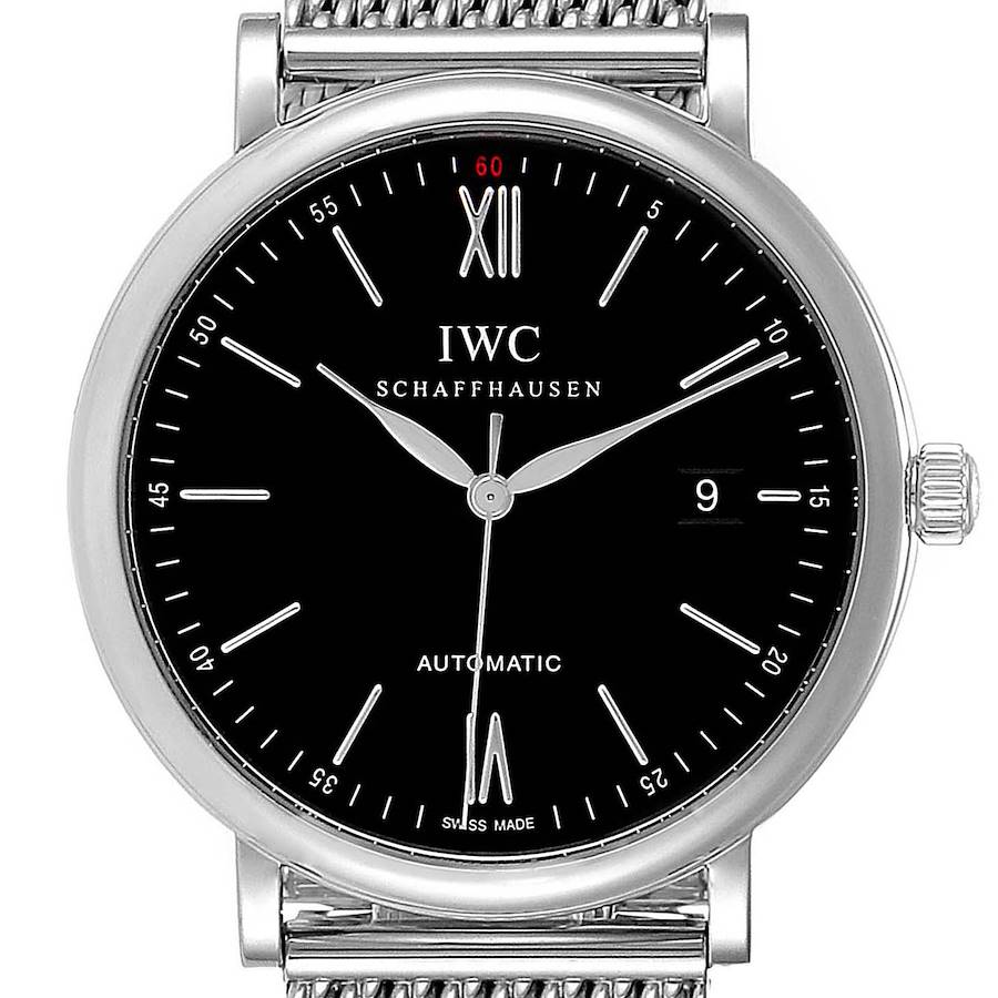 IWC Portofino Black Dial Mesh Bracelet Steel Mens Watch IW356506 SwissWatchExpo